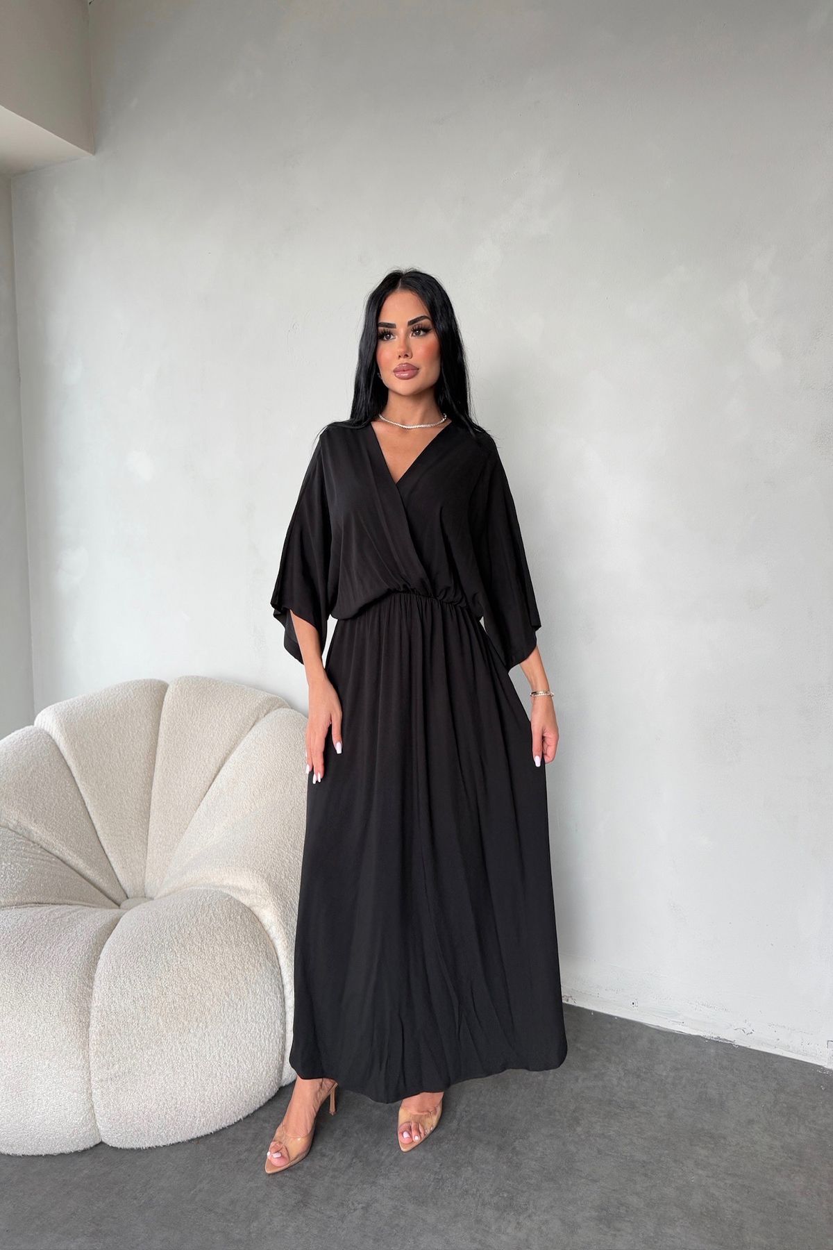 LİLA İSTANBUL Kruvaze Yaka Yarasa Kol Oversize Yazlık Elbise