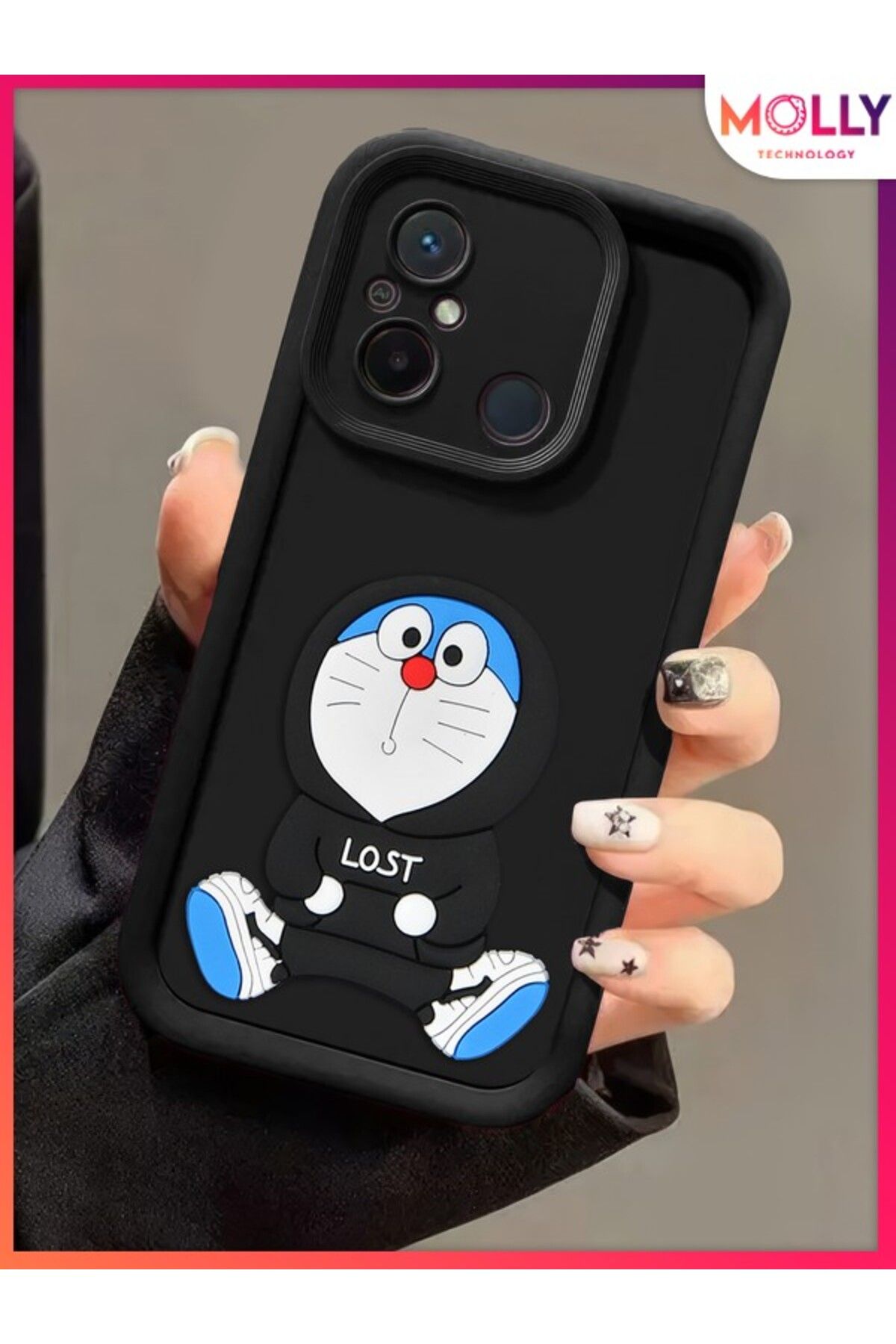 Molly Xiaomi Redmi 12C İçin Siyah Kenarları Kalın 3d Kabartmalı Sevimli Doraemon Silikon Kılıf