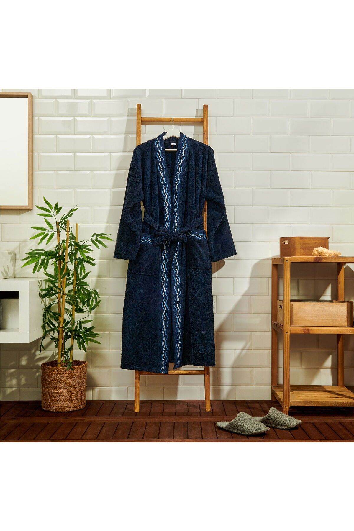 ASPARTAM Digital Blue Jakarlı Kimono Yaka Erkek Bornoz - Lacivert
