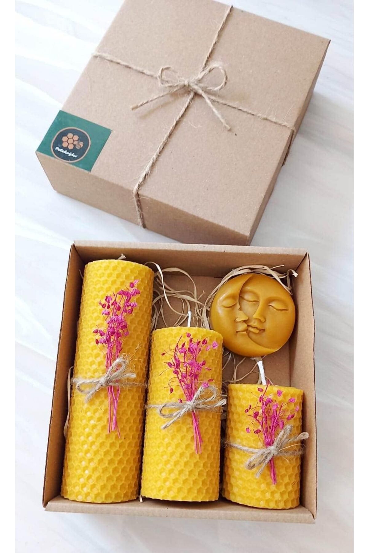 Mu Art Ahşap Mrt Dekoratif Doğal Petek Balmumu Mum Ay Ve Güneş Seti Bal Mumu mum Hediyelik Mum Yeni Model (Kı