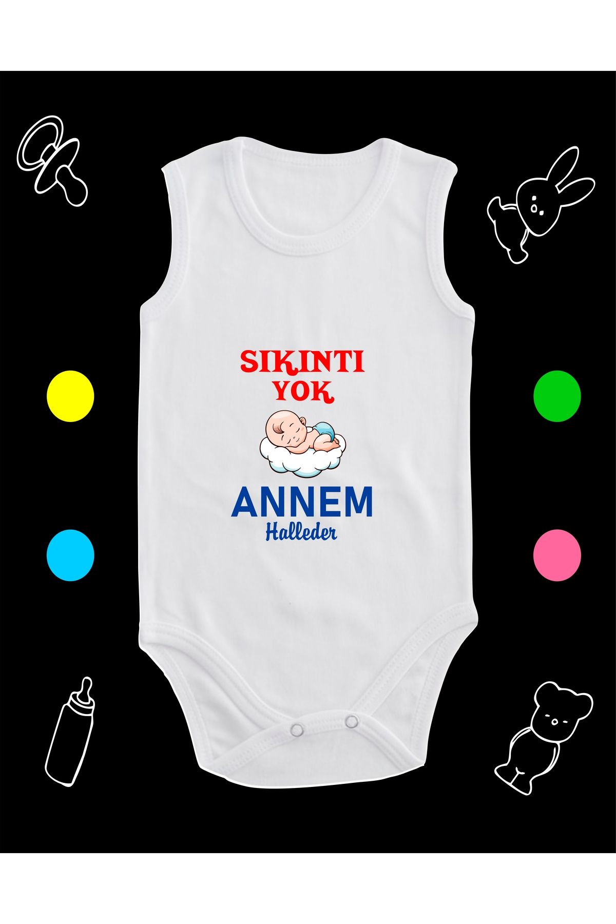 enmalife Pamuklu Sıkıntı Yok Annem Halleder Baskılı Penye Bebek Body Çıtçıtlı Badi Zıbın SYAH111