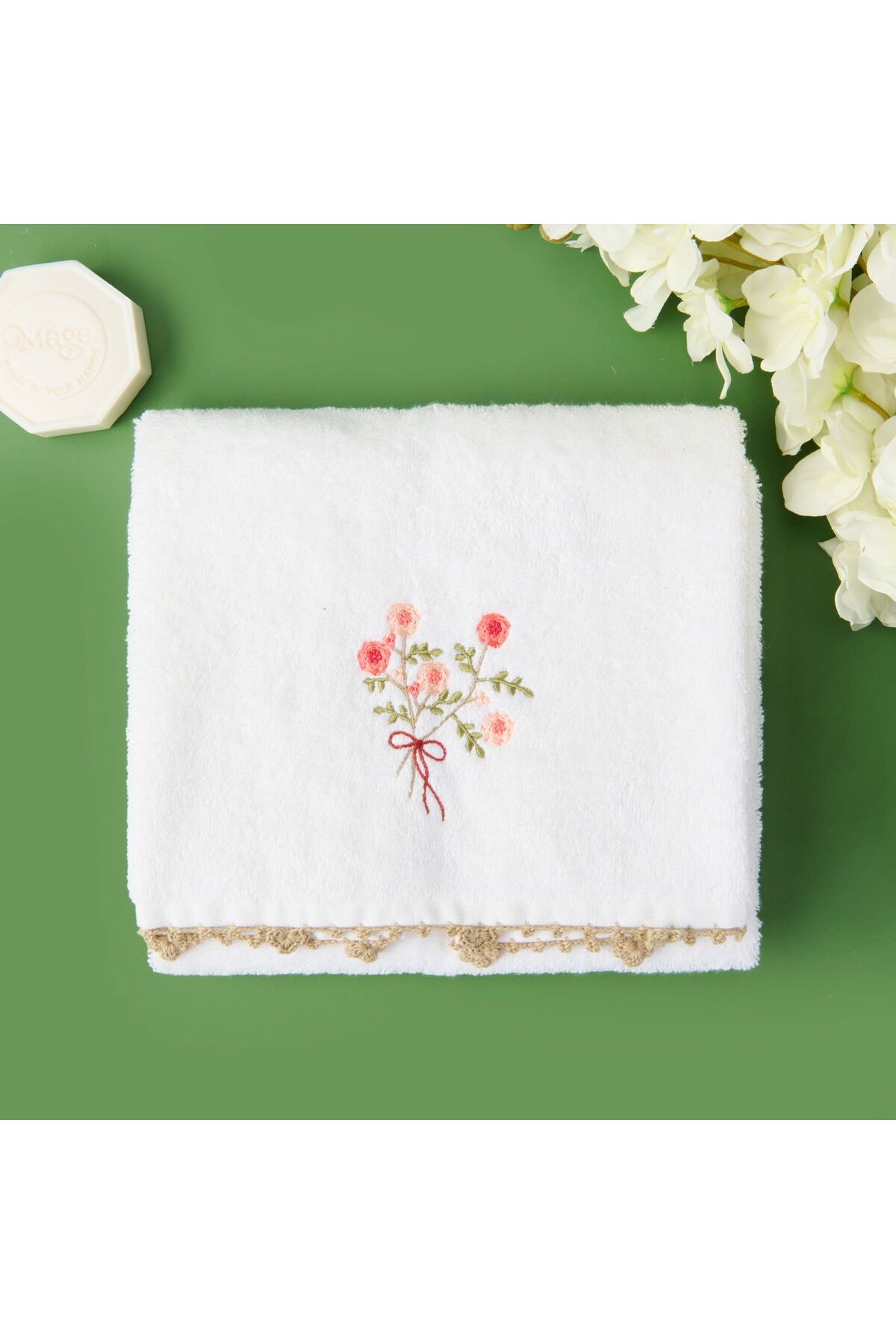 ASPARTAM Granny Summer Çiçek Nakışlı Yüz Havlusu - Ekru - 50x90 cm