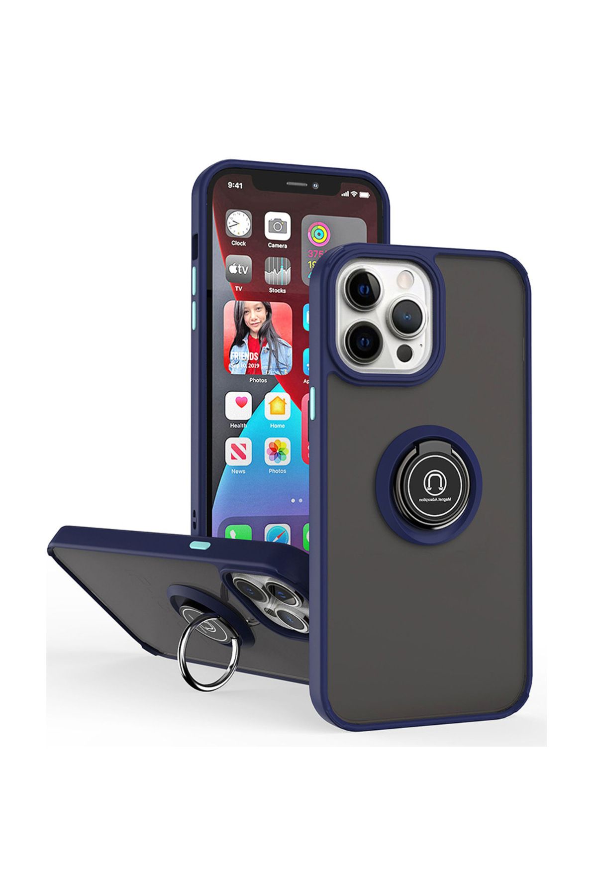 Rivor Apple iPhone 13 Pro Max Kılıf Kamera Korumalı Standlı Buzlu Kenarları Renkli Yüzüklü Silikon Kapak