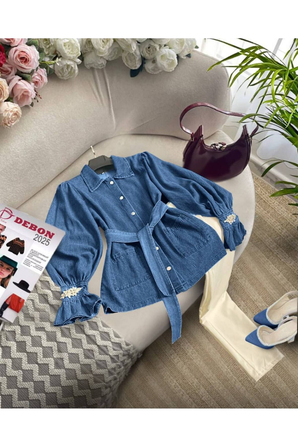 zümrüt moda kolu taş detaylı ceket ve pantolon , ikili kot takım 1796