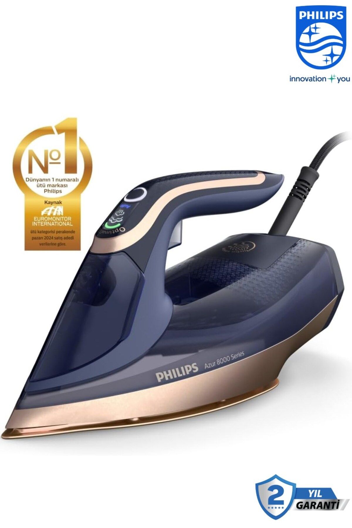 Philips Azur Buharlı Ütü 8000 Serisi, Dikey buhar püskürtme 260g Turbo Şok Buhar Son Seri Premium Ütü