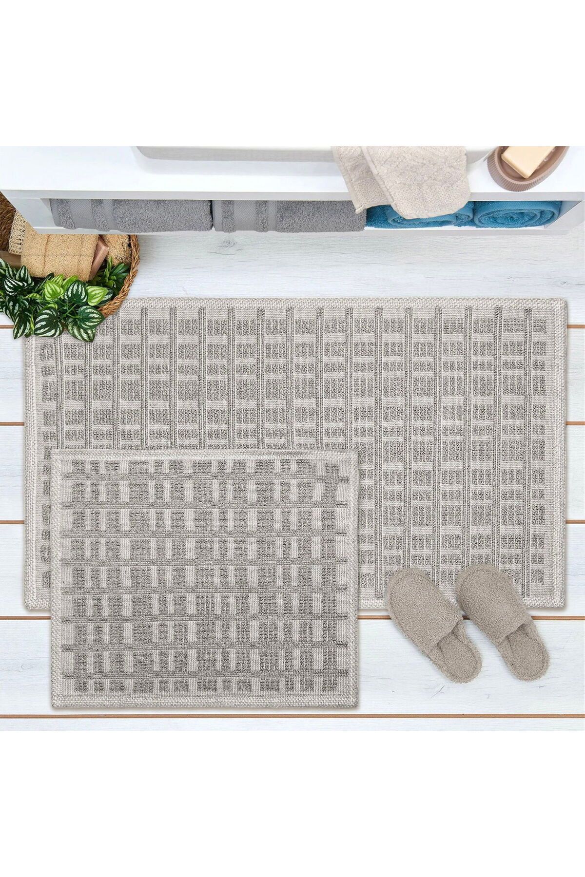 MATMEL Wesley Natürel 2'li Banyo Paspası - Antrasit - 60x100 cm + 50x60 cm