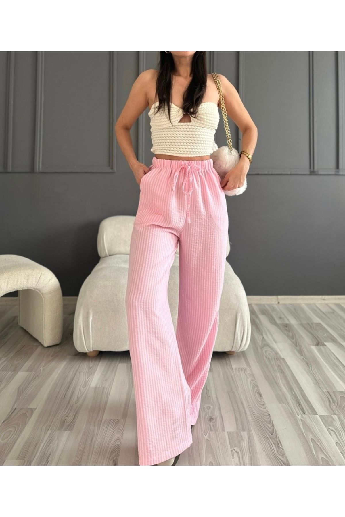 lenai online shop Çizgili Keten Kumaş Bol Pantolon Kadın