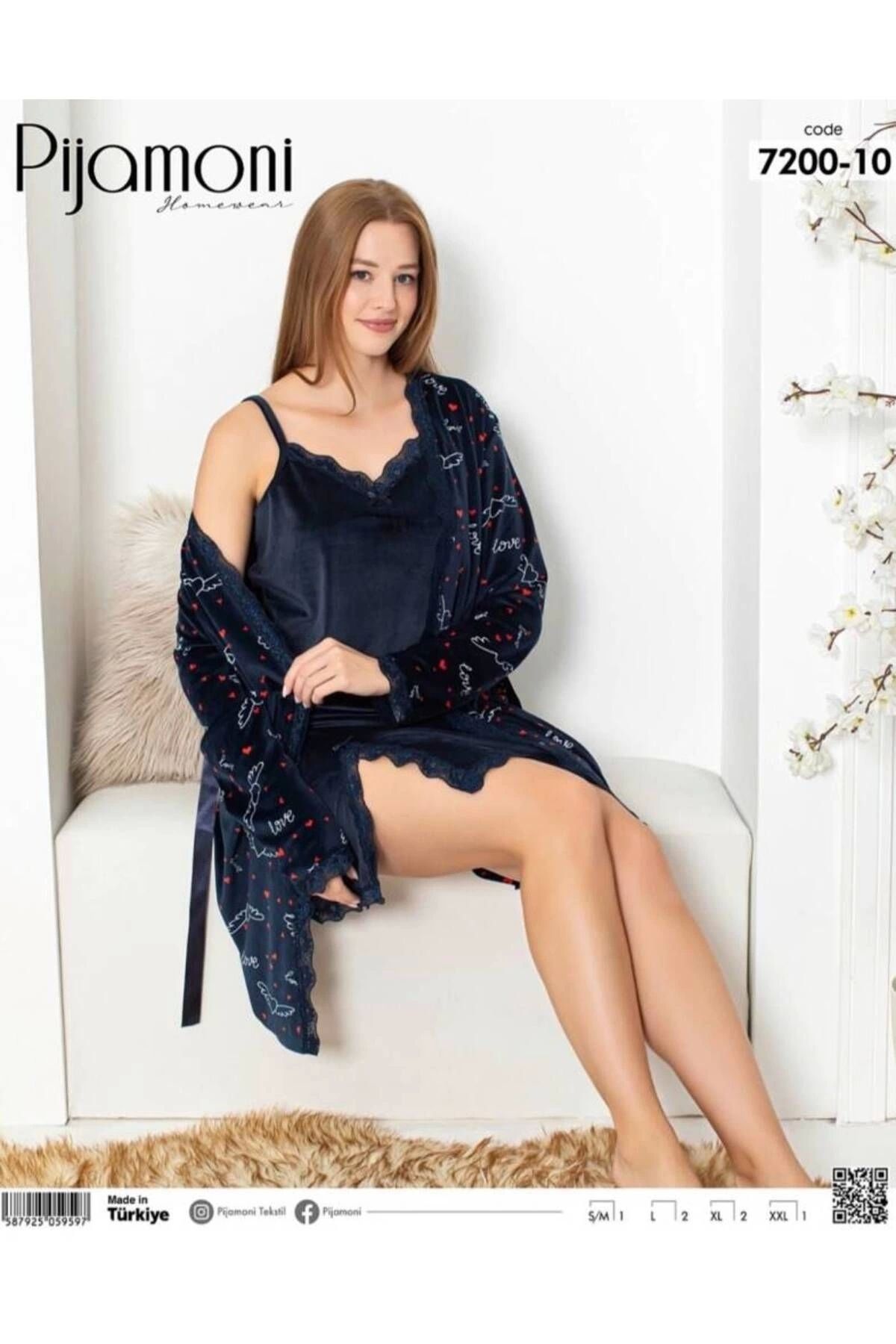 Pijamoni FRANSIZ KADİFE İKİLİ SABAHLIK TAKIM