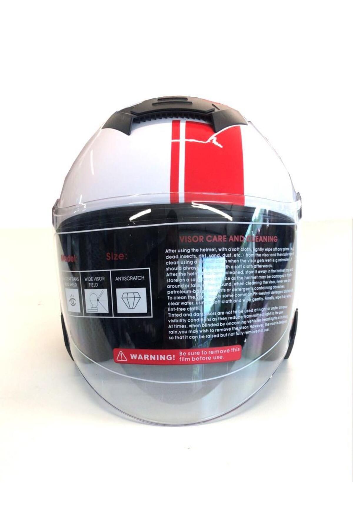 Ybs Yarım Açık Güneş Vizörlü Kask-Beyaz Kırmızı Desenli-L Beden