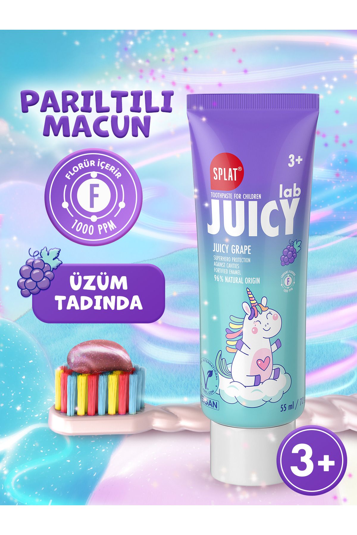 Splat Juıcy Lab +3 Yaş Üzümlü Çocuk Diş Macunu Renkli Simli Çürük Önleyici Doğal Macun