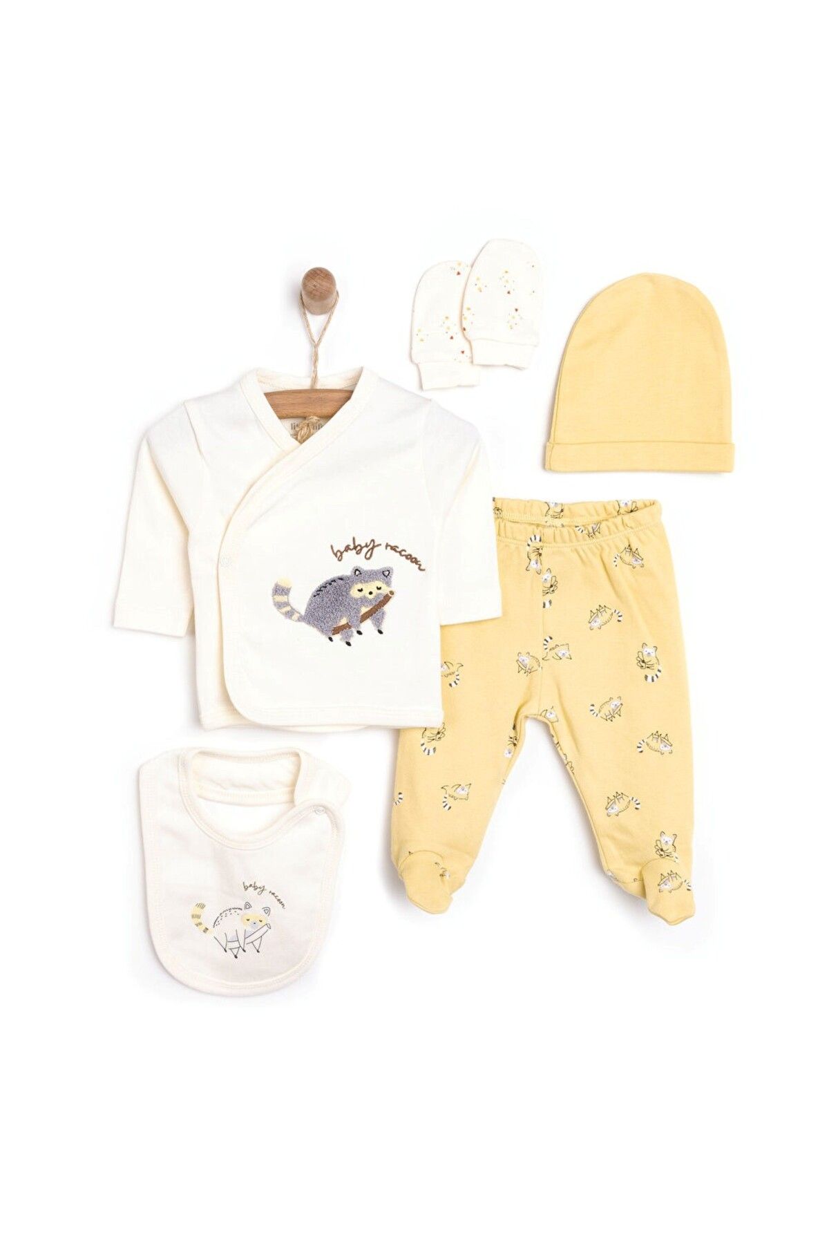 Little Life Rakun Temalı %100 Pamuk 5'li Unisex Bebek Hastane Çıkışı Seti Yenidoğan Seti 5'li Set Hastane Çıkışı