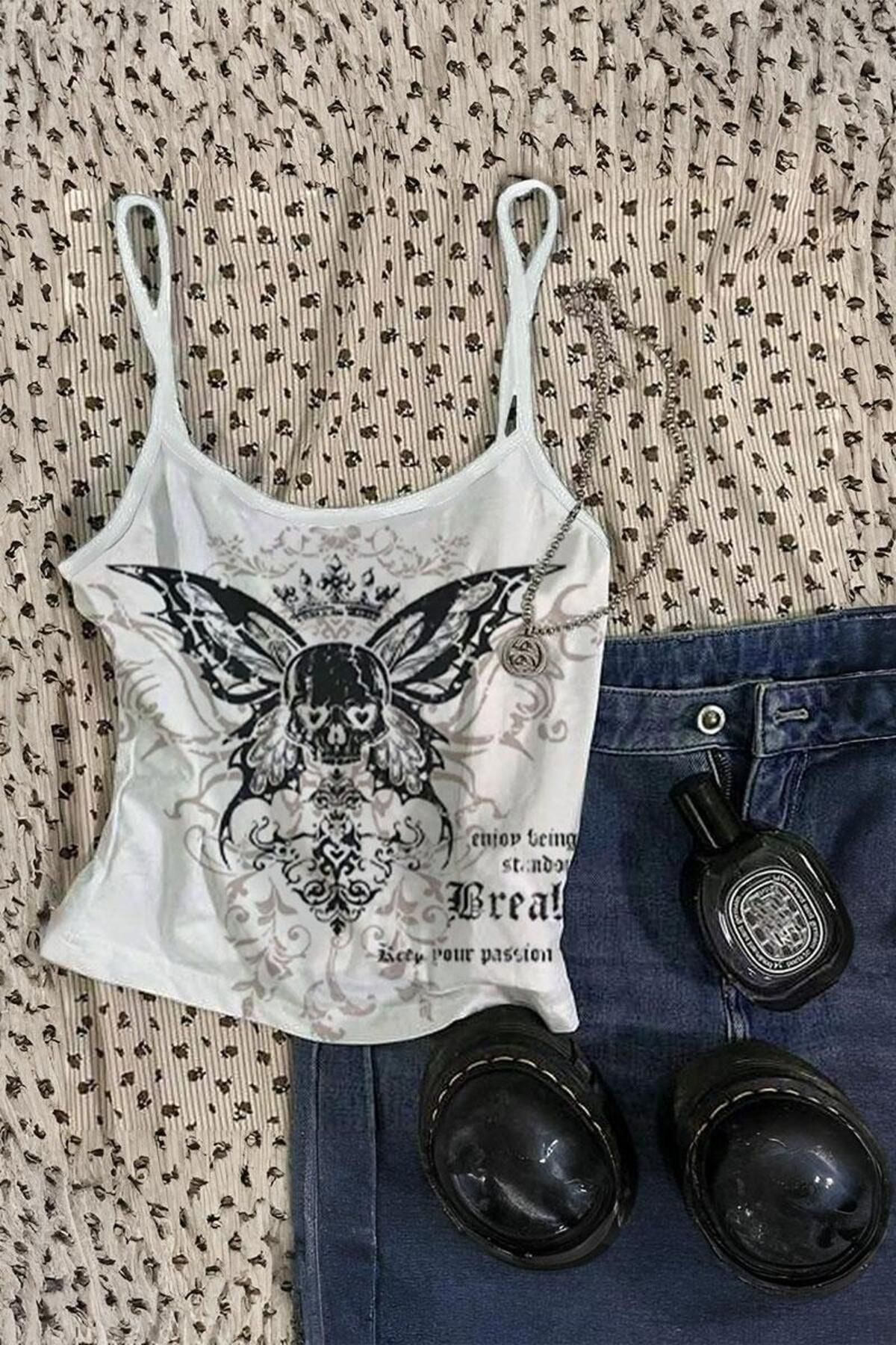 Karakedi Gothic Skull Butterfly İnce Askılı Beyaz Body