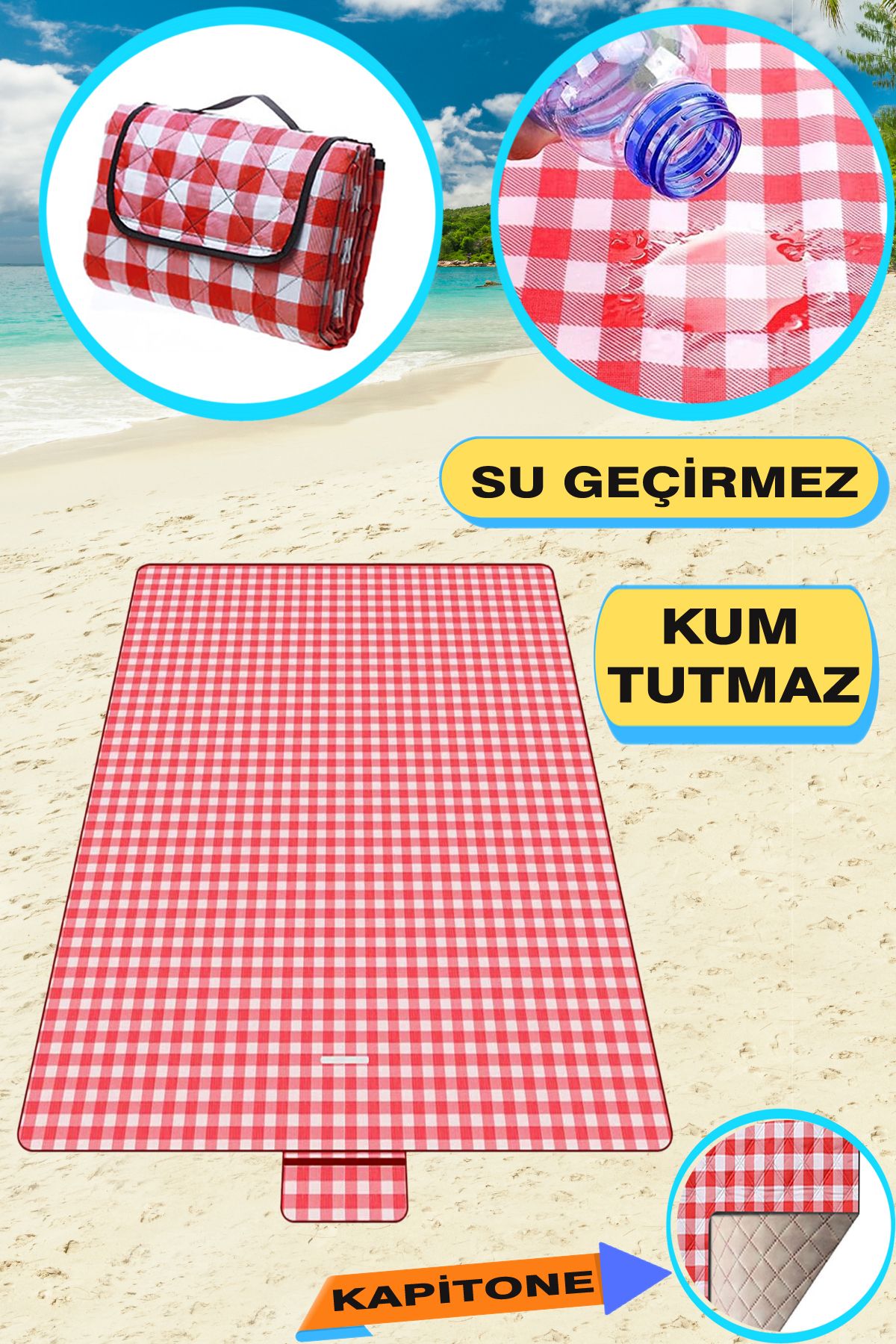 KAŞIKBEY Coast Plaj Örtüsü Kum Tutmayan Su Geçirmez Katlanır Taşıma Çantalı Piknik Plaj Örtüsü 75x160 cm
