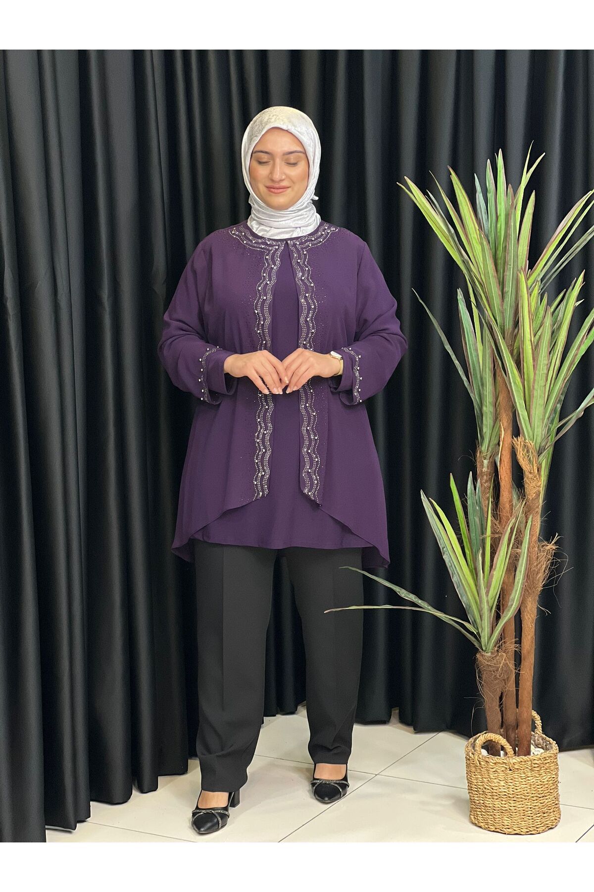 Butik büyük beden Önü Taşlı Şifon Tunik
