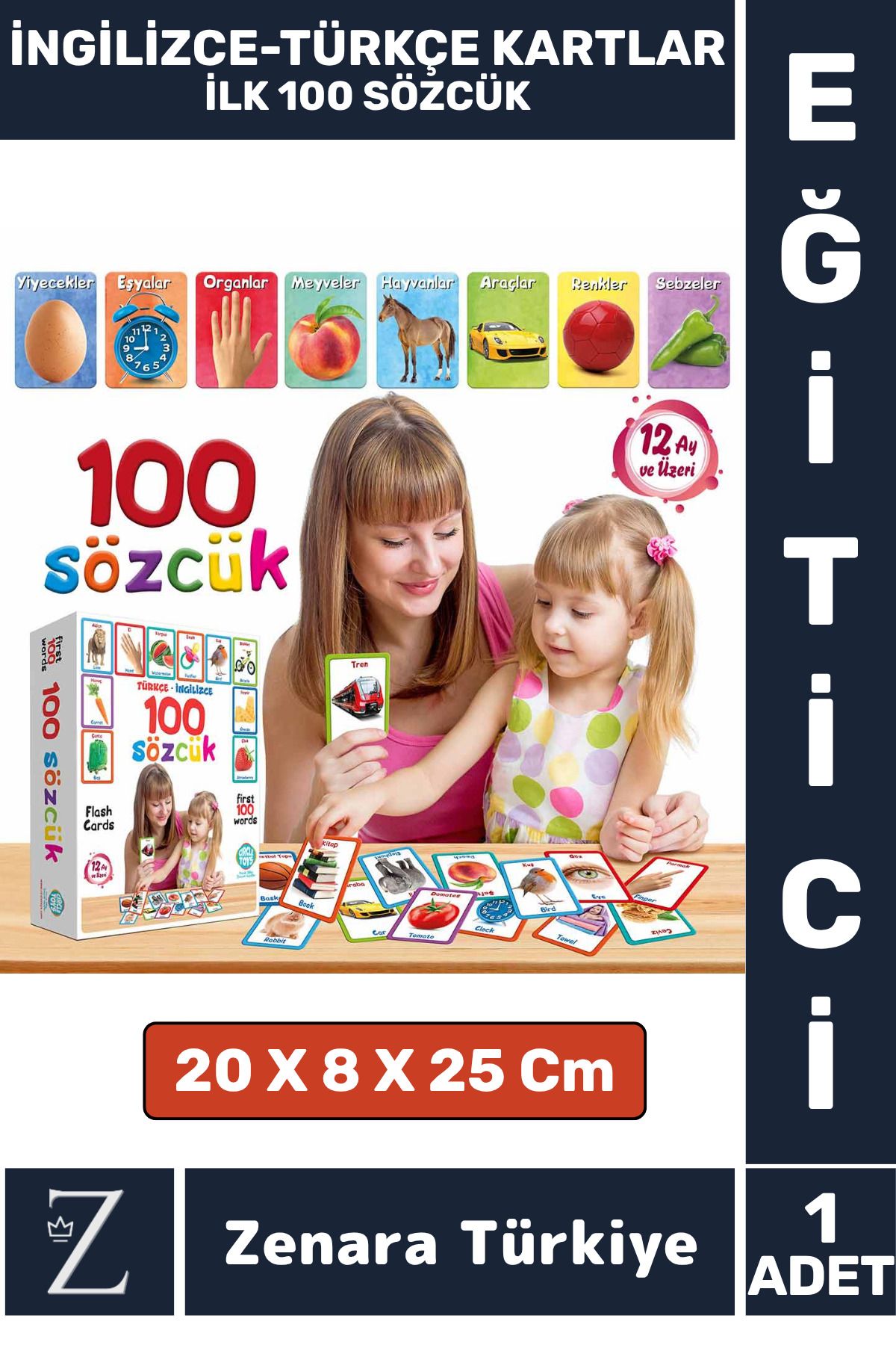 Zenara Çocuk Eğitici Zeka Geliştiren Yabancı Dil Öğreten Eğlenceli İNGİLİZCE TÜRKÇE KARTLAR- İLK 100 SÖZCÜK
