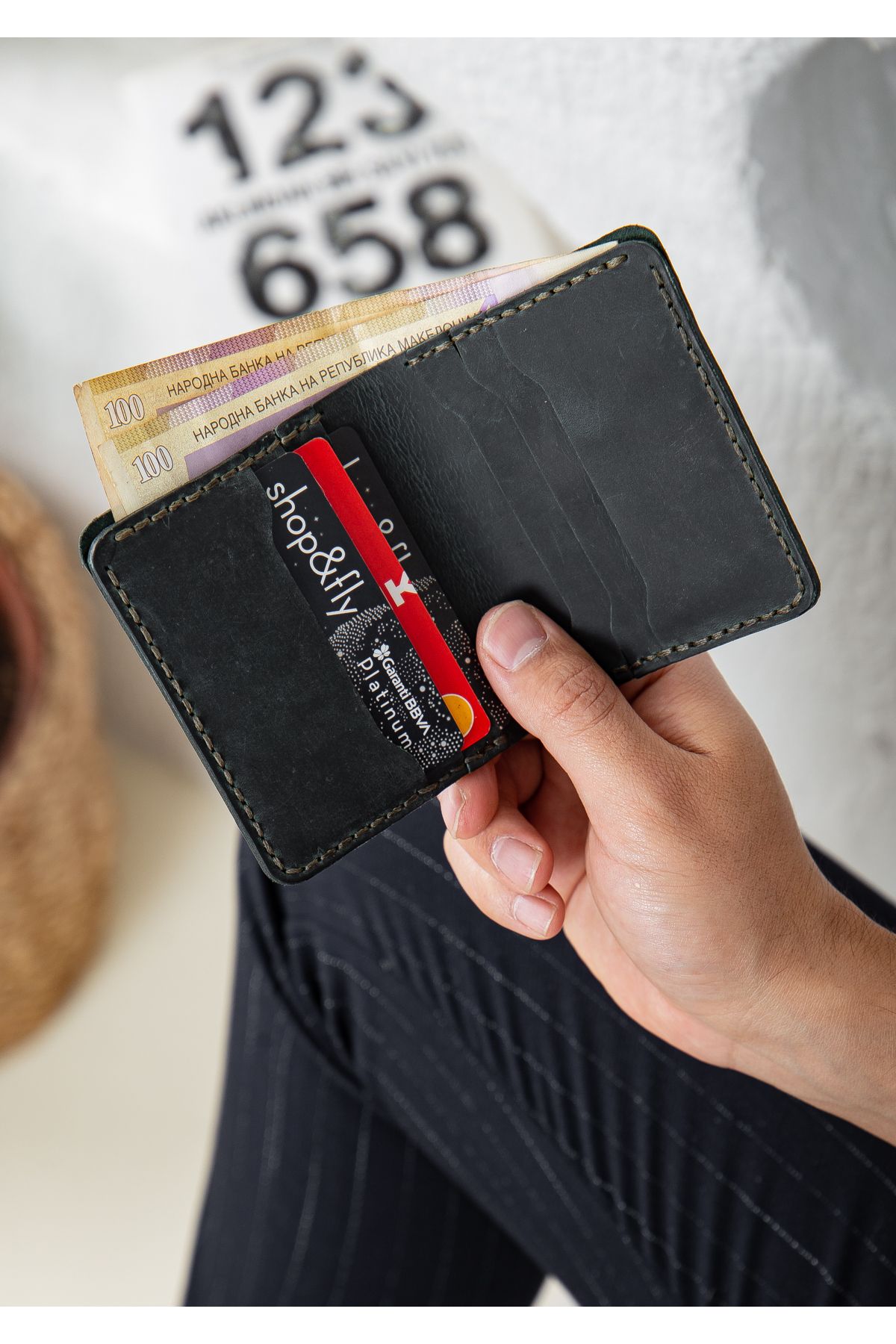 Niki Leather Carlos El Yapımı Haki Gerçek Deri Cüzdan Kartlık