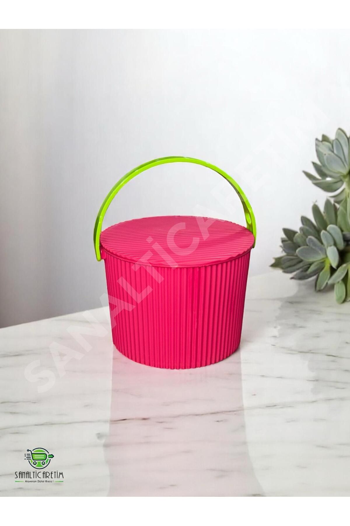 SANALTİCARETİM Rainbow Pembe Yuvarlak Kova Piknik Sepeti Meyve Kovası