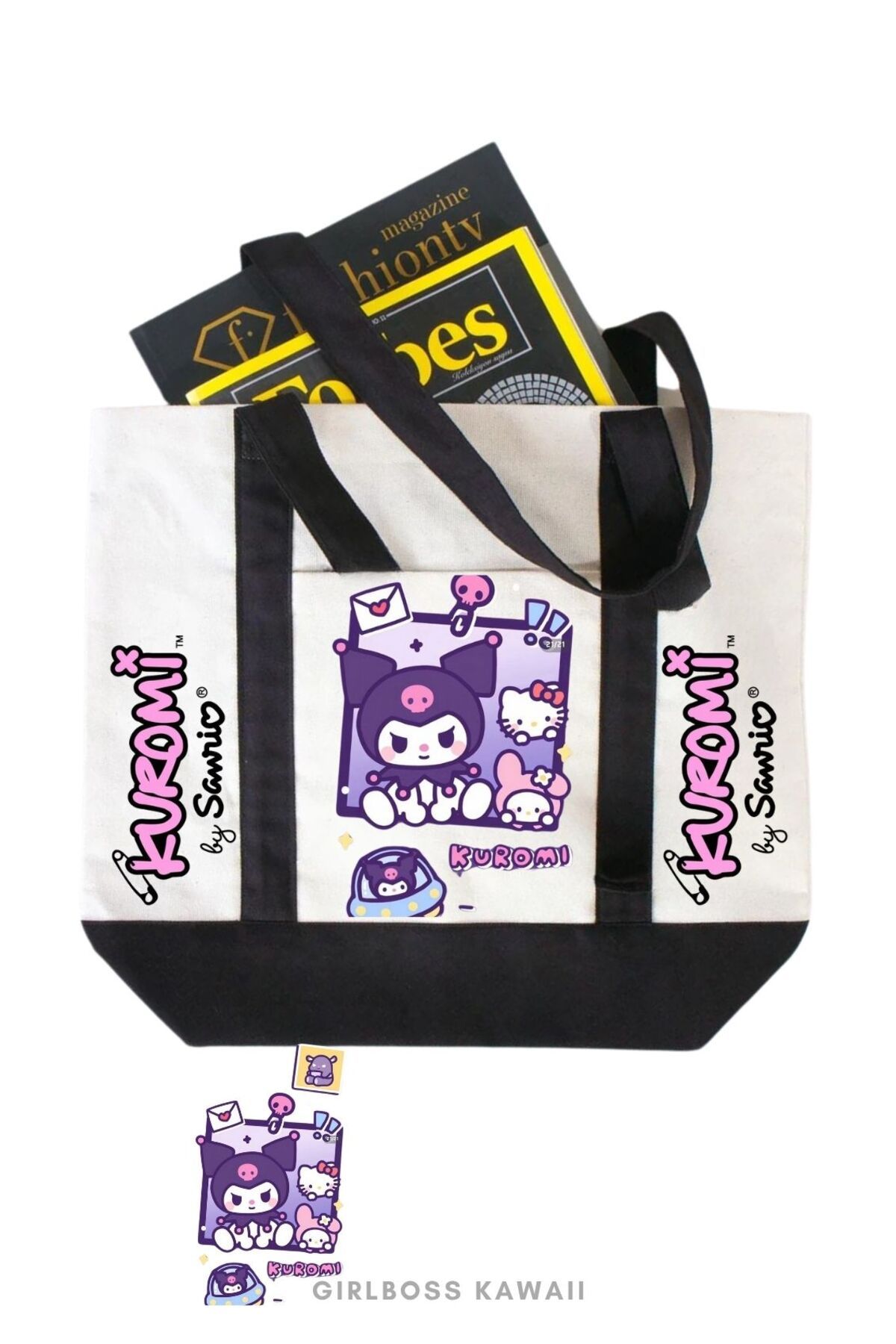 Girlboss Kawaii Girlboss Kuromi kanvas çanta ön cepli büyük boyut / alışveriş , spor , plaj