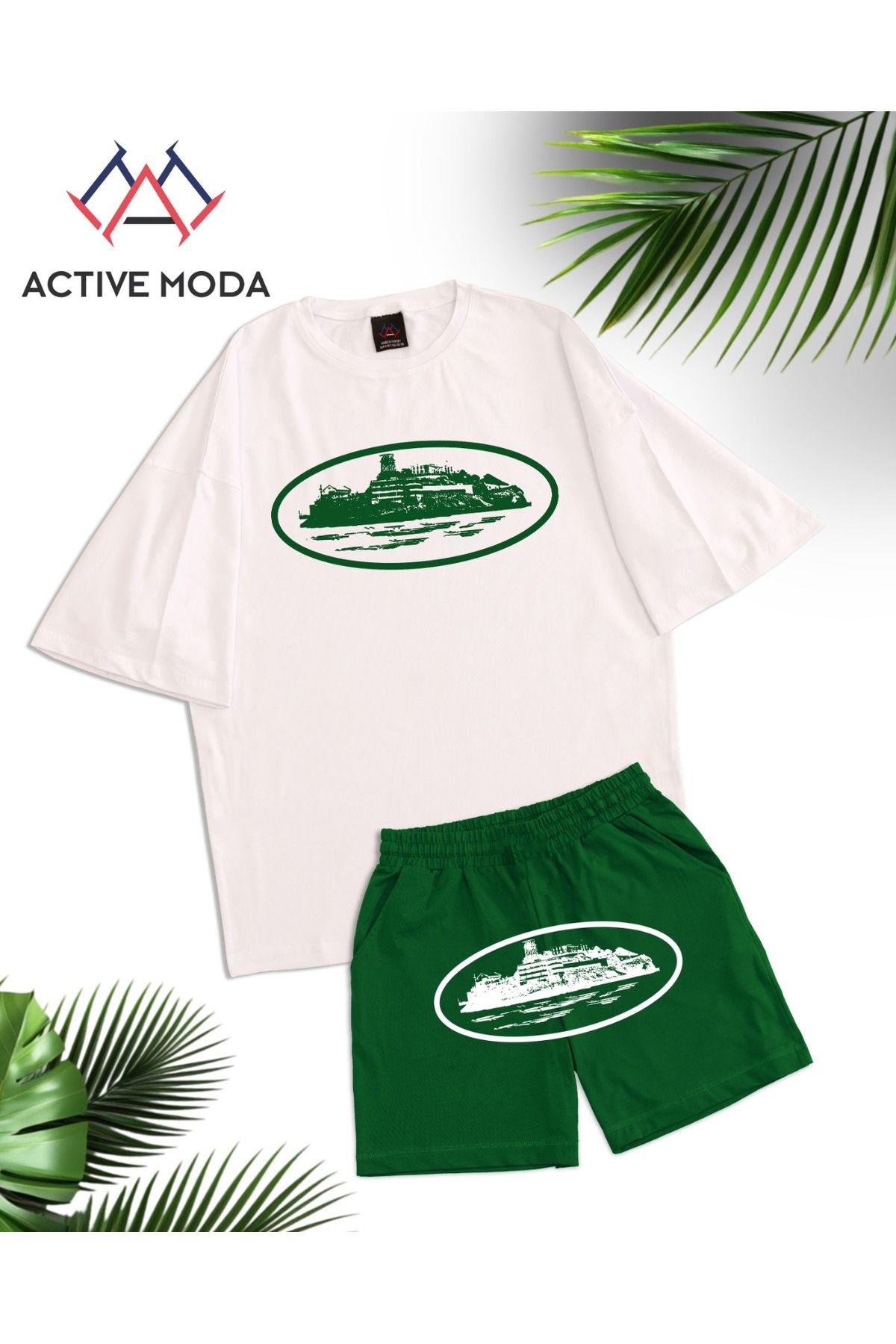 ACTIVE MODA -ERKEK KISA KOLLU Corteiz BASKILI KISA KOLLU TSHIRT-ŞORT TAKIMI 2Lİ BÜYÜK BEDEN PAMUKLU