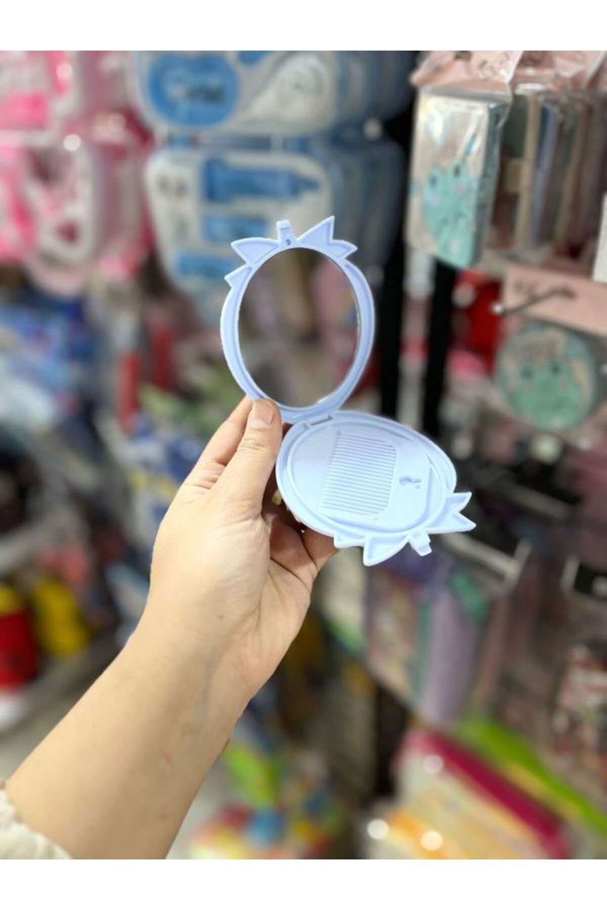 EyER Shoping Çilek Figürlü Taşınabilir Makyaj Aynası Çanta Aynası Ve Taraklı Cep Aynası Kapaklı mavi