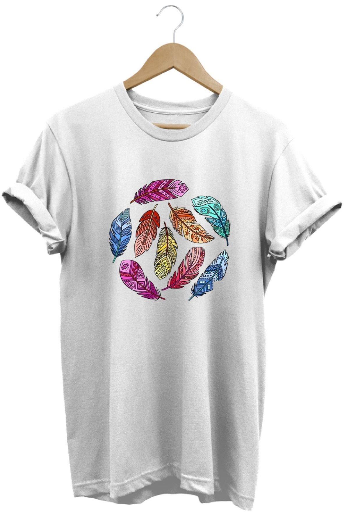 joyyfashion Renkli Kuş Tüyü Baskılı T-Shirt
