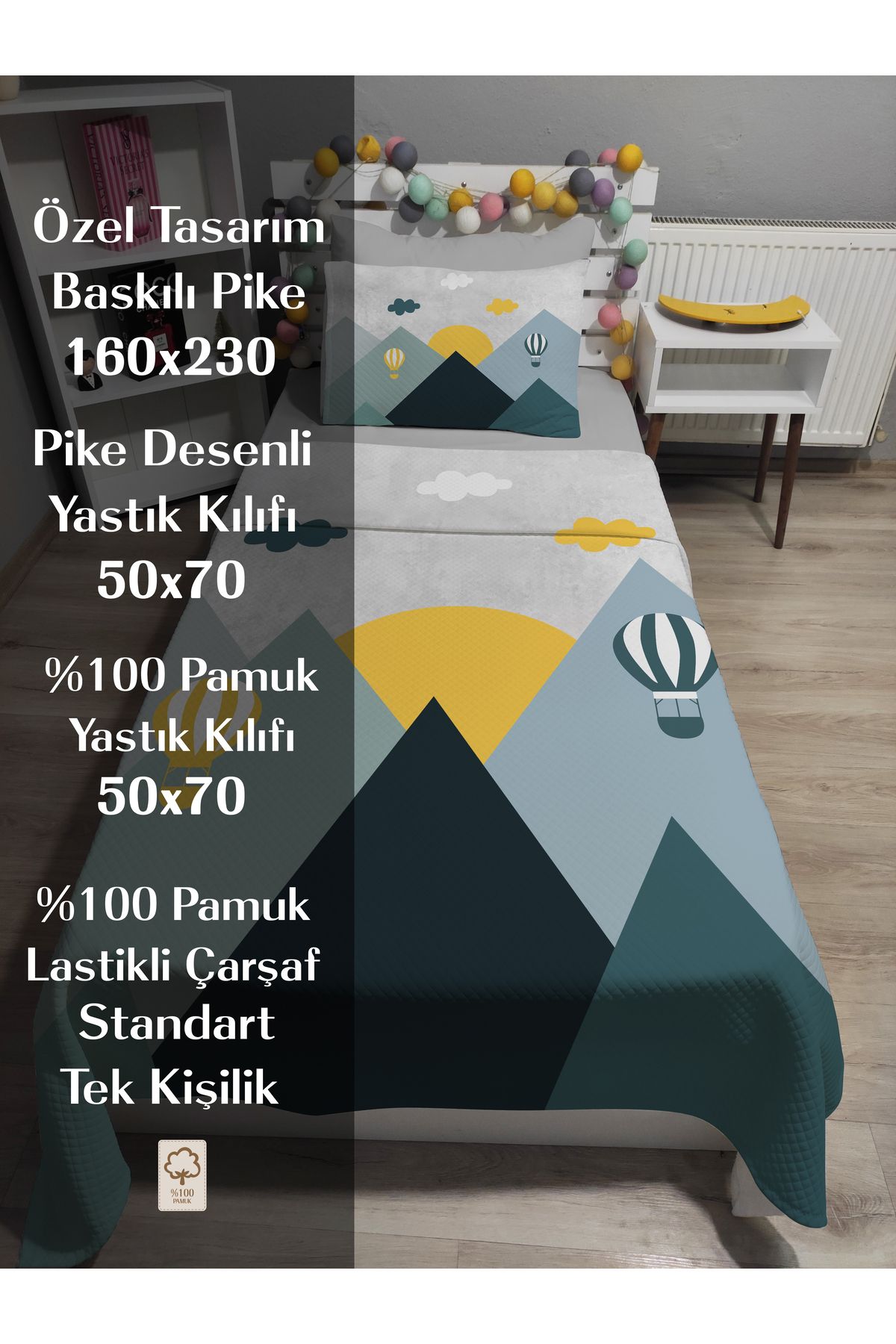 yok yok evim eve dair her şey-4 Piece Colorful Balloons Patterned Single Pique Bedspread Set with Elastic Sheets 3
