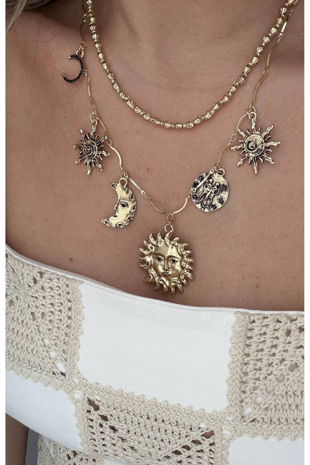 HND collection Bohem Stil Güneş Ay Yıldız Figürlü Çok Katmanlı Kolye