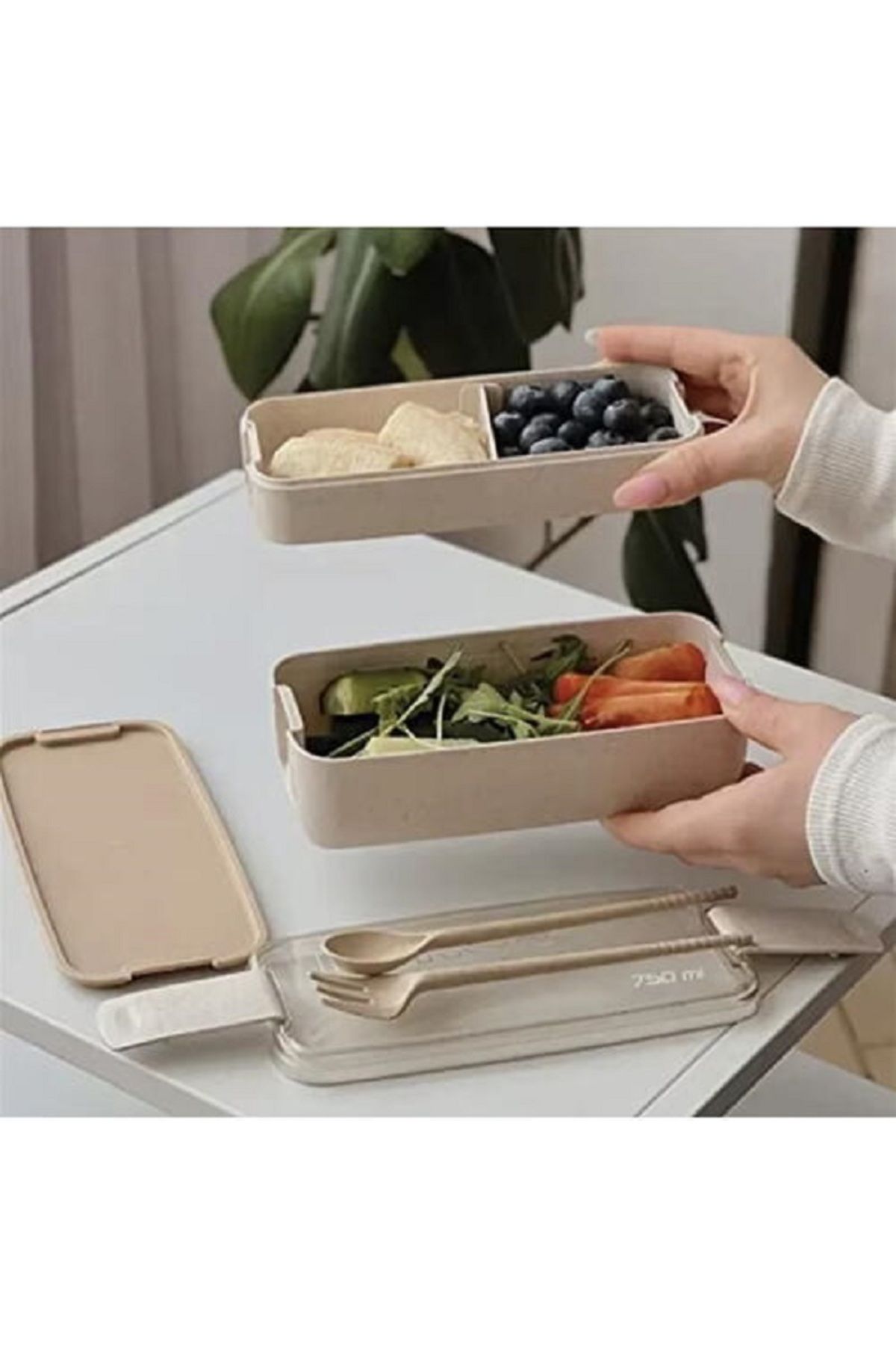 SMARTECH-Food lunch box, Spoon and Fork Included, 750 ml, Beige, Made from Eco-Friendly Material 4
