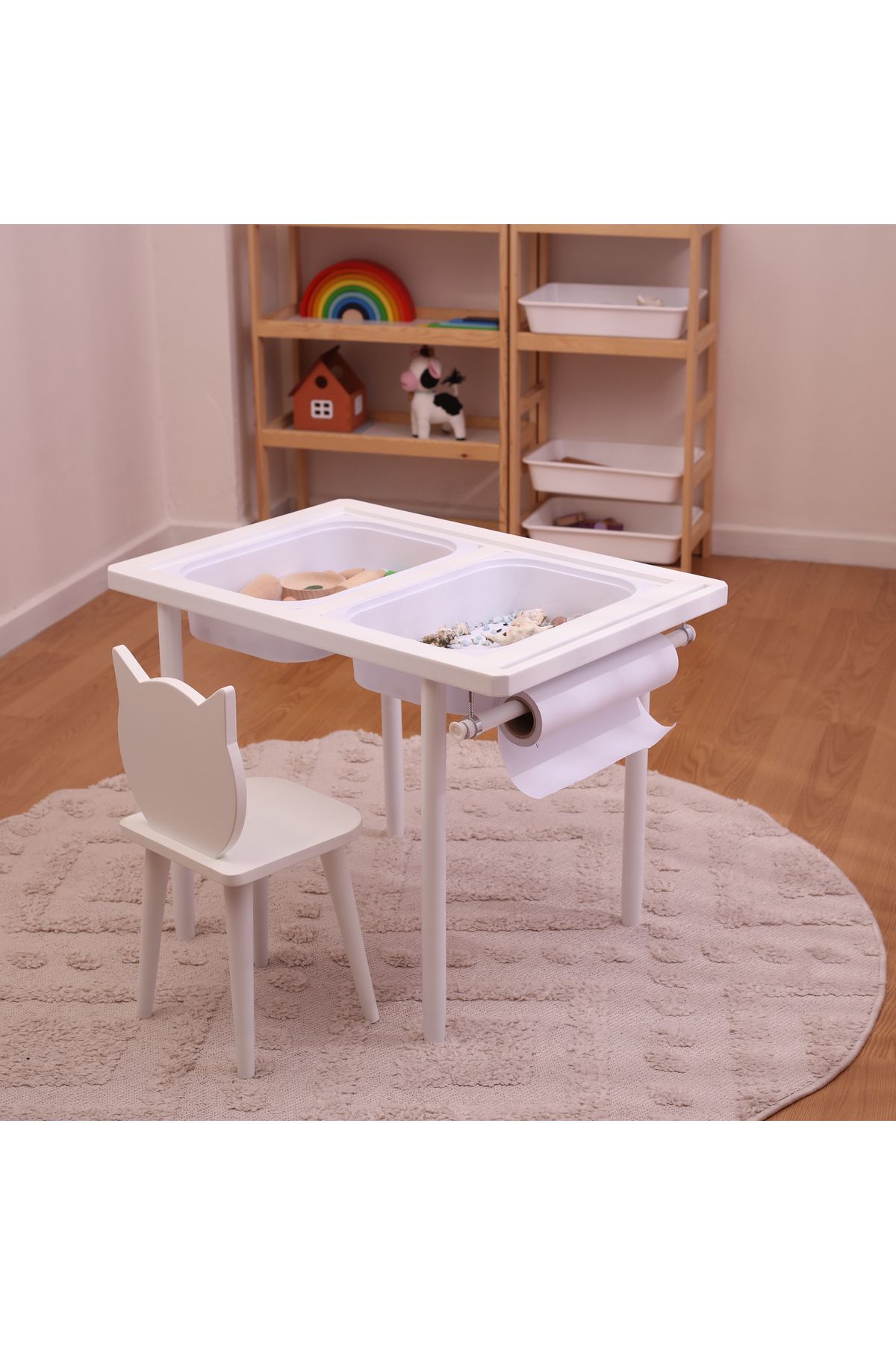 Monti Mania Montessori MDF Beyaz Aktivite Masası 2 Sepet Beyaz/Kara Tahtalı Rulo Kişiselleştirilebilir 2-6 Yaş