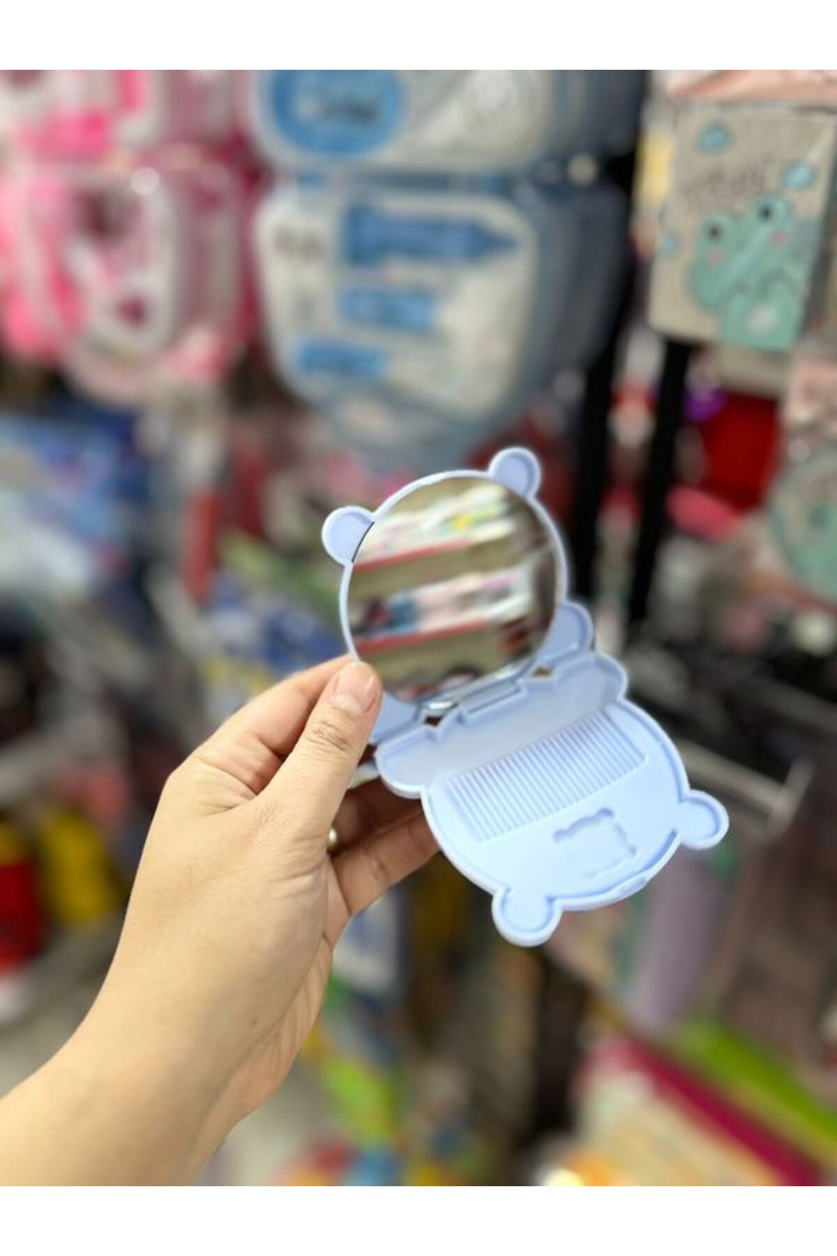 EyER Shoping Ayıcıklı Figürlü Taşınabilir Makyaj Aynası Çanta Aynası Ve Taraklı Cep Aynası Kapaklı mavi