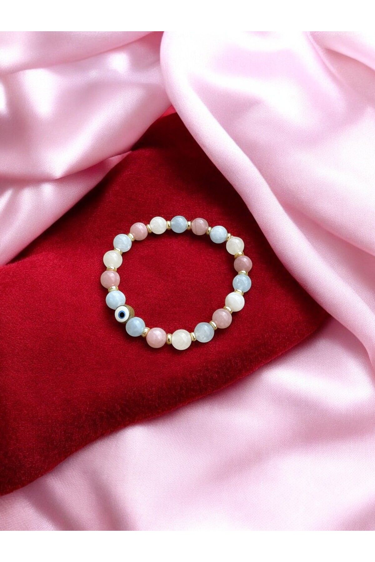 Padore Accessory 🧿 Nazar Boncuklu Doğal Taş Kadın Bileklik – Pembe Kuvars, Ay Taşı, Akuamarin – Sertifikalı