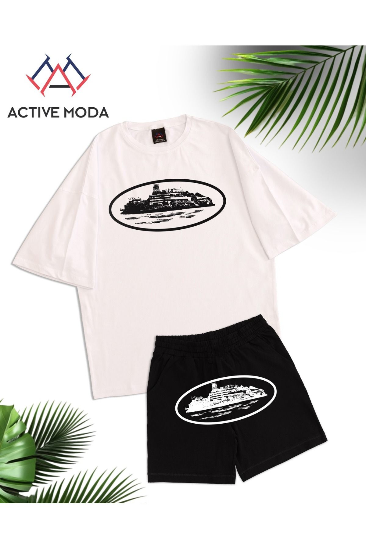 ACTIVE MODA -ERKEK KISA KOLLU Corteiz BASKILI KISA KOLLU TSHIRT-ŞORT TAKIMI 2Lİ BÜYÜK BEDEN PAMUKLU