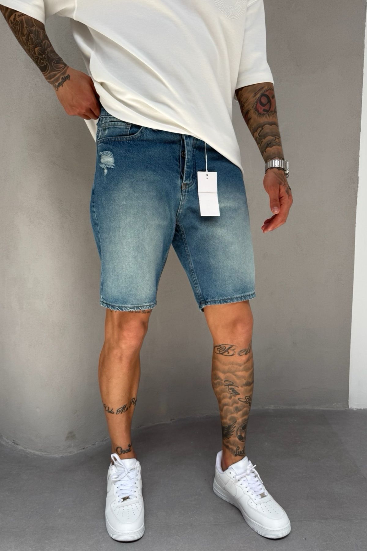 MADZEYMODA Yırtık Detaylı Mavi Denim Kumaş Erkek Jean Kot Şort KE-0523