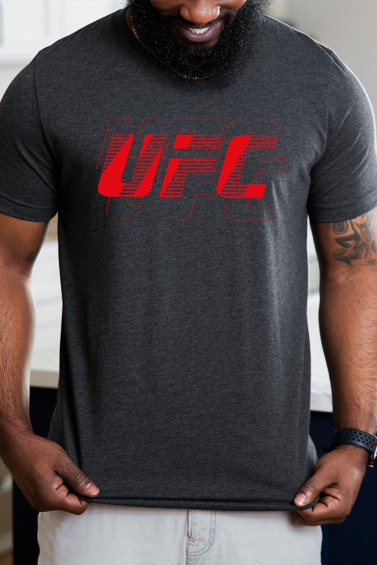 uniqwo Unisex UFC Baskılı Koyu Gri %100 Pamuk Premium Regular T-shirt