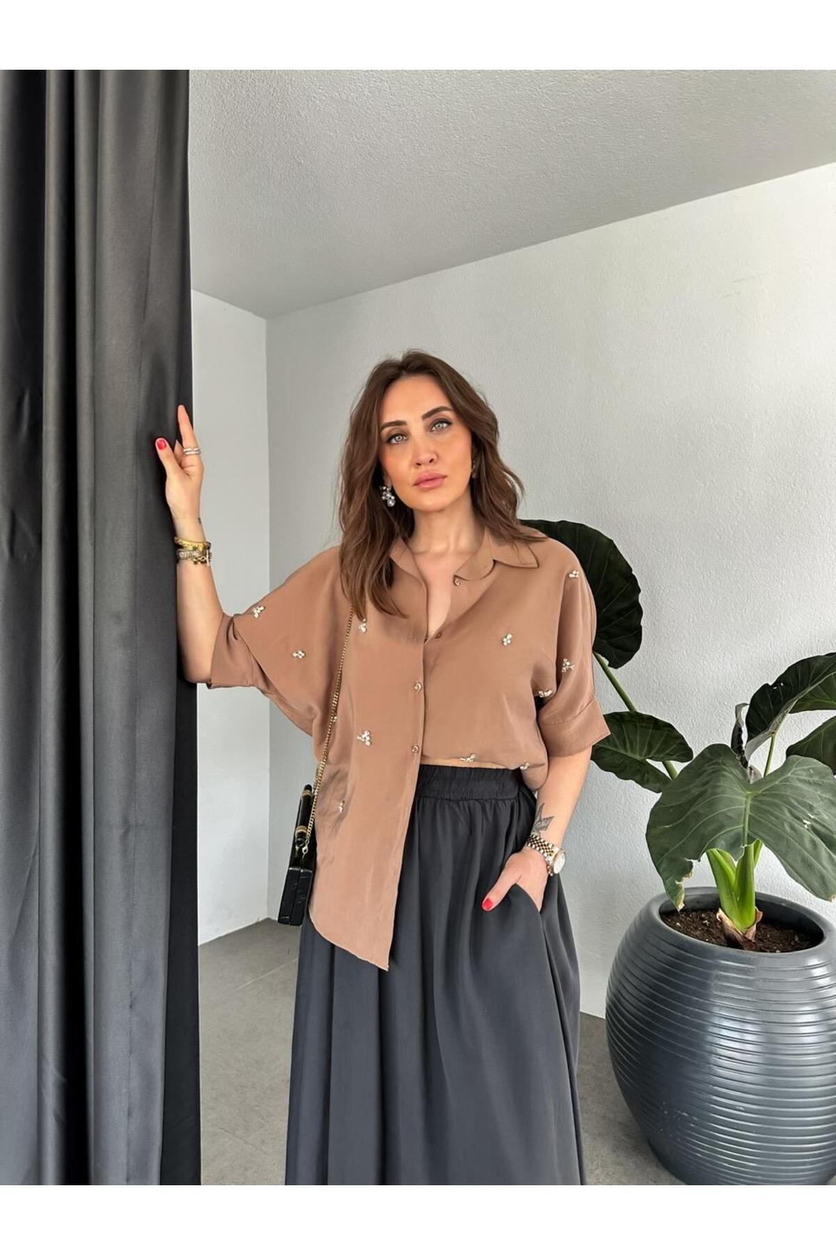 Zerrincan Giyim Kahve Serpme Taşlı Model Gömlek