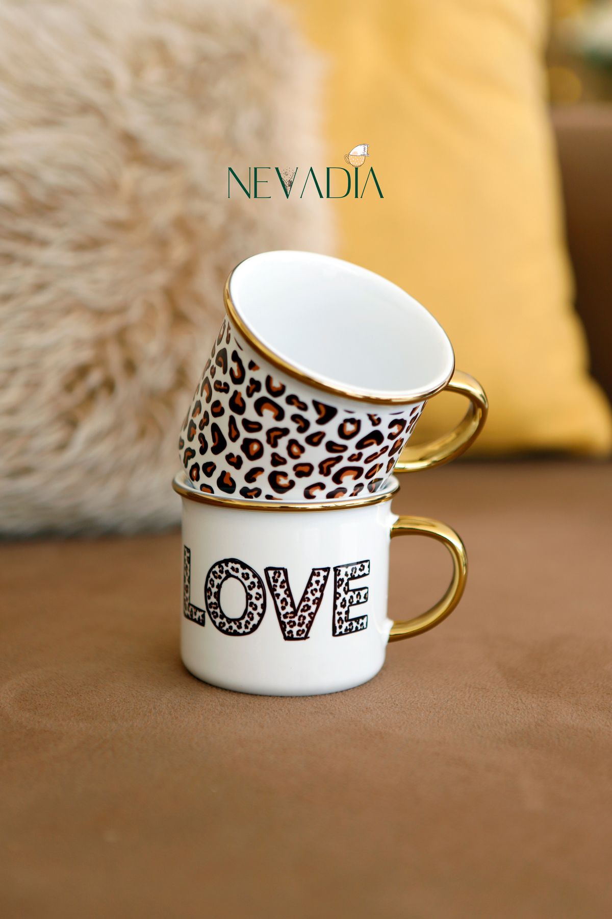 NevaDia Leoparlı LOVE yazılı İkili Gold Arkadaş Kahve Kupası, Özel Gün Hediyelik Kahve Fincanı