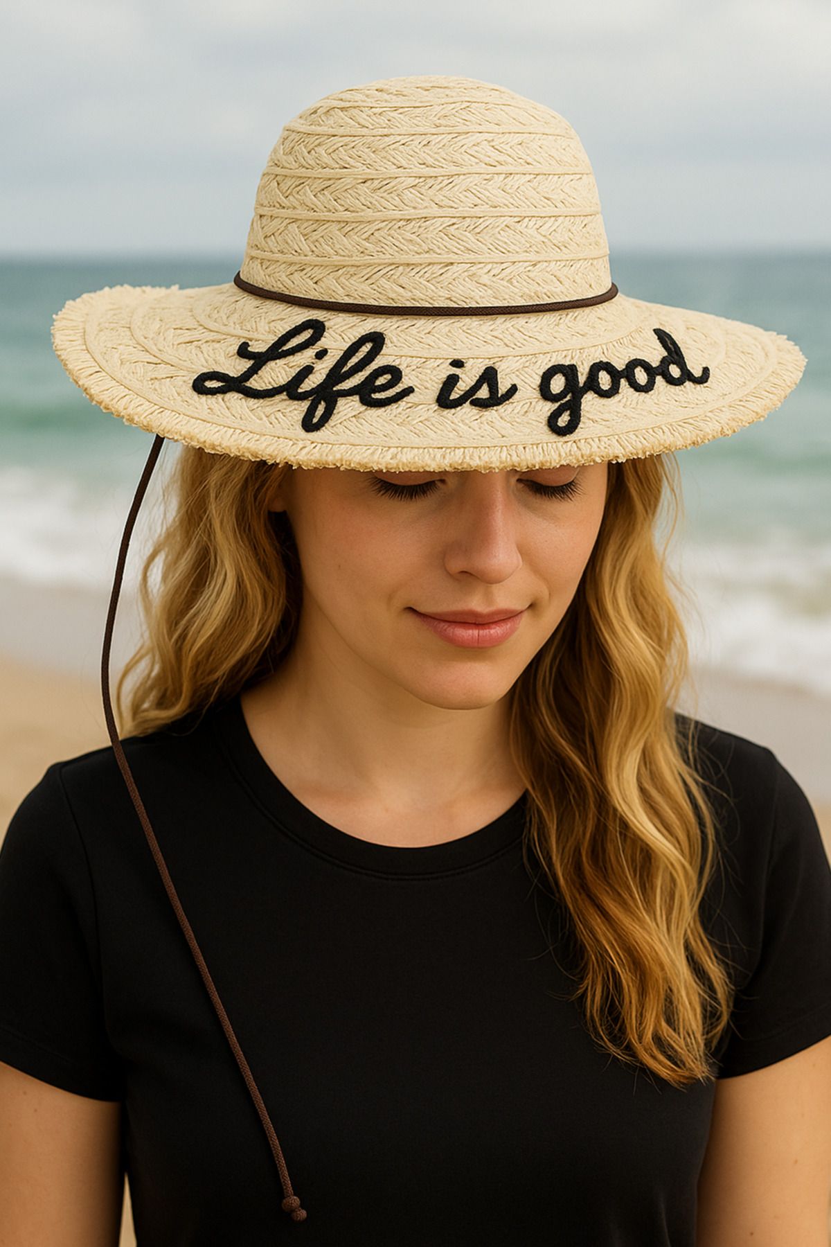 Mavelle Kadın Bej Life is Good Baskılı Yazlık Hasır Şapka