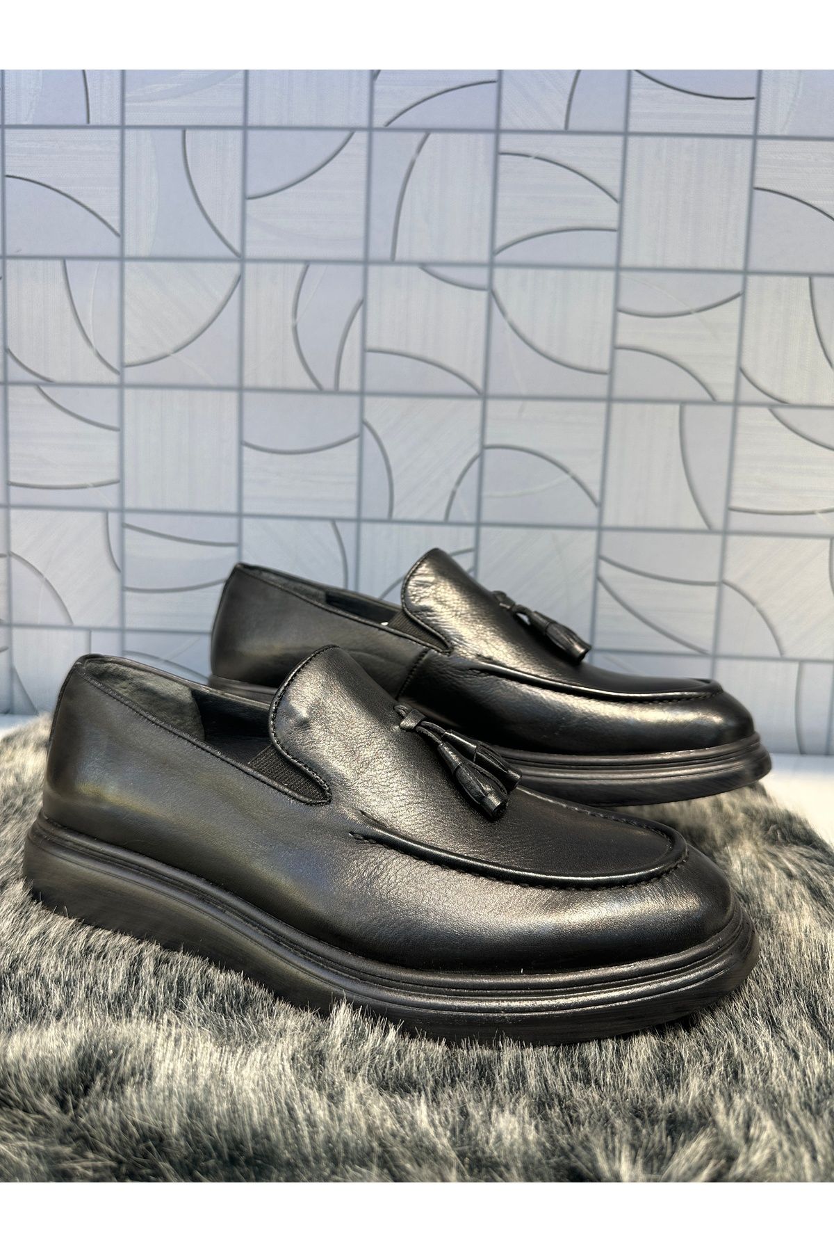 Anıl Ayakkabı ST 302 Erkek Siyah Hakiki Deri Püsküllü Comford Günlük Ortopedik Loafer Ayakkabı