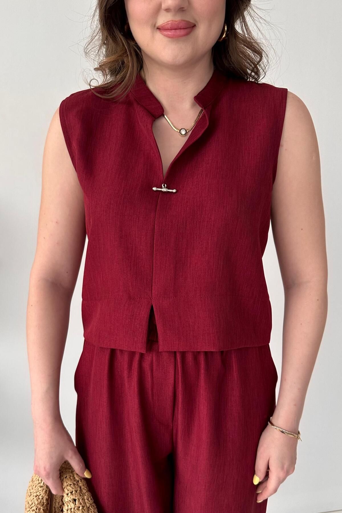 MaziButik Broşlu İkili Takım Bordo