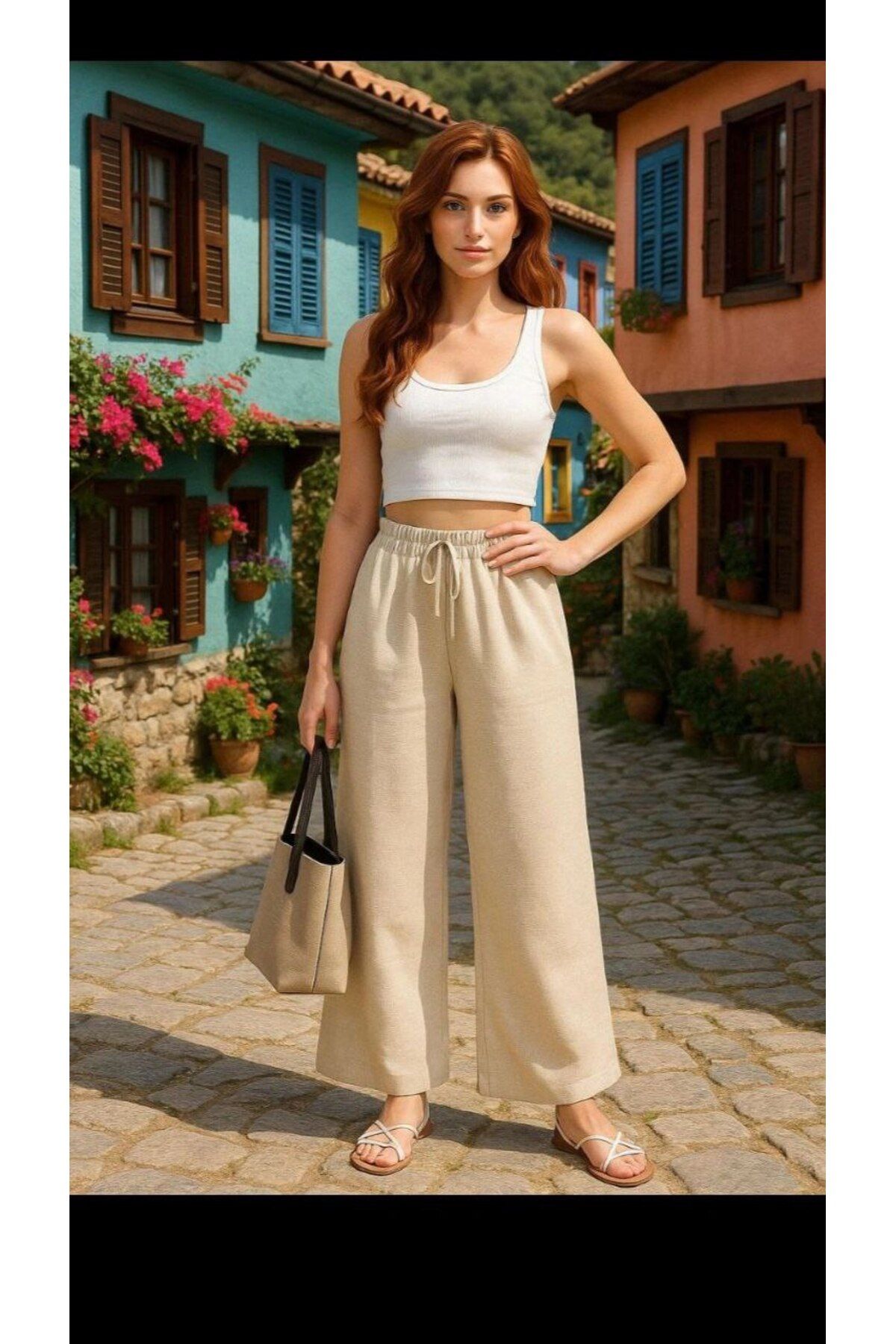 Butik Beli Lastikli Geniş Paça Bürümcük Pantolon