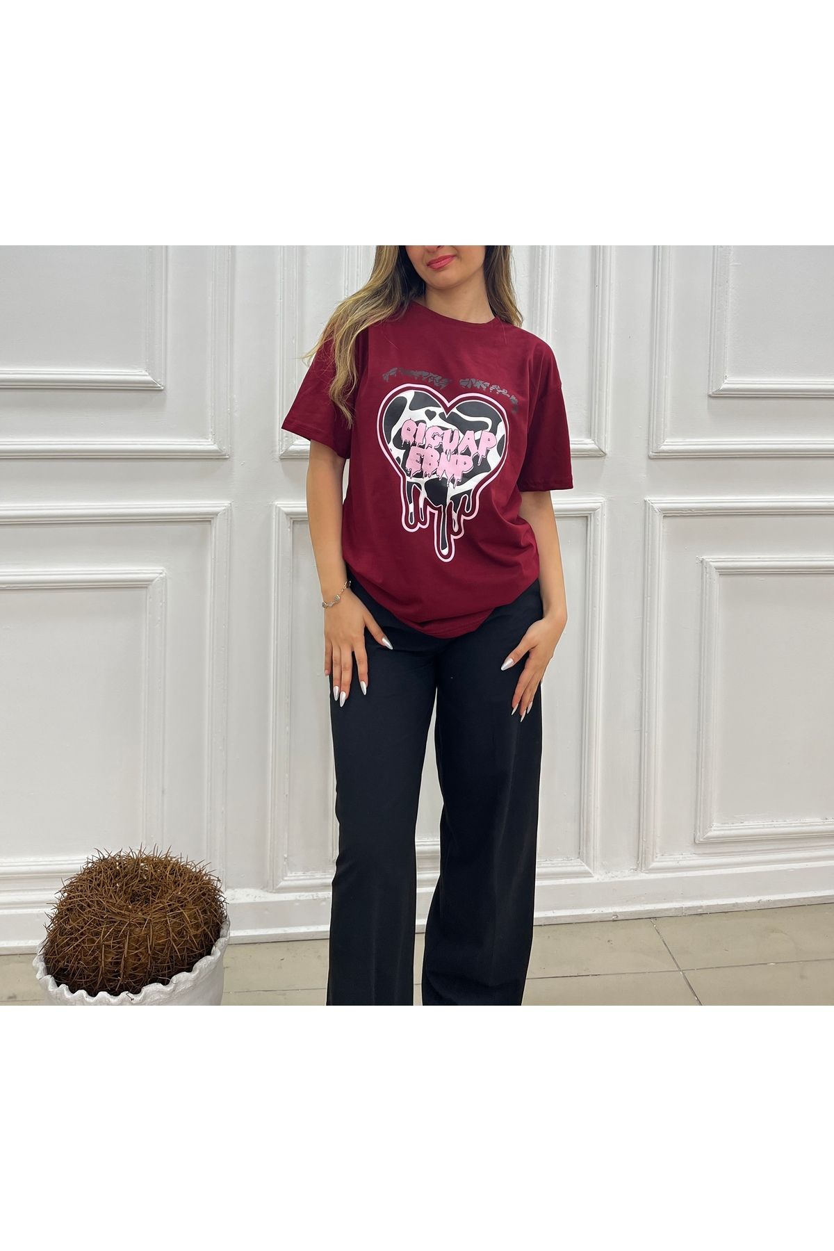 SheMy Oversize Ön Baskılı Kadın T-Shirt – Pamuklu Rahat Kalıp