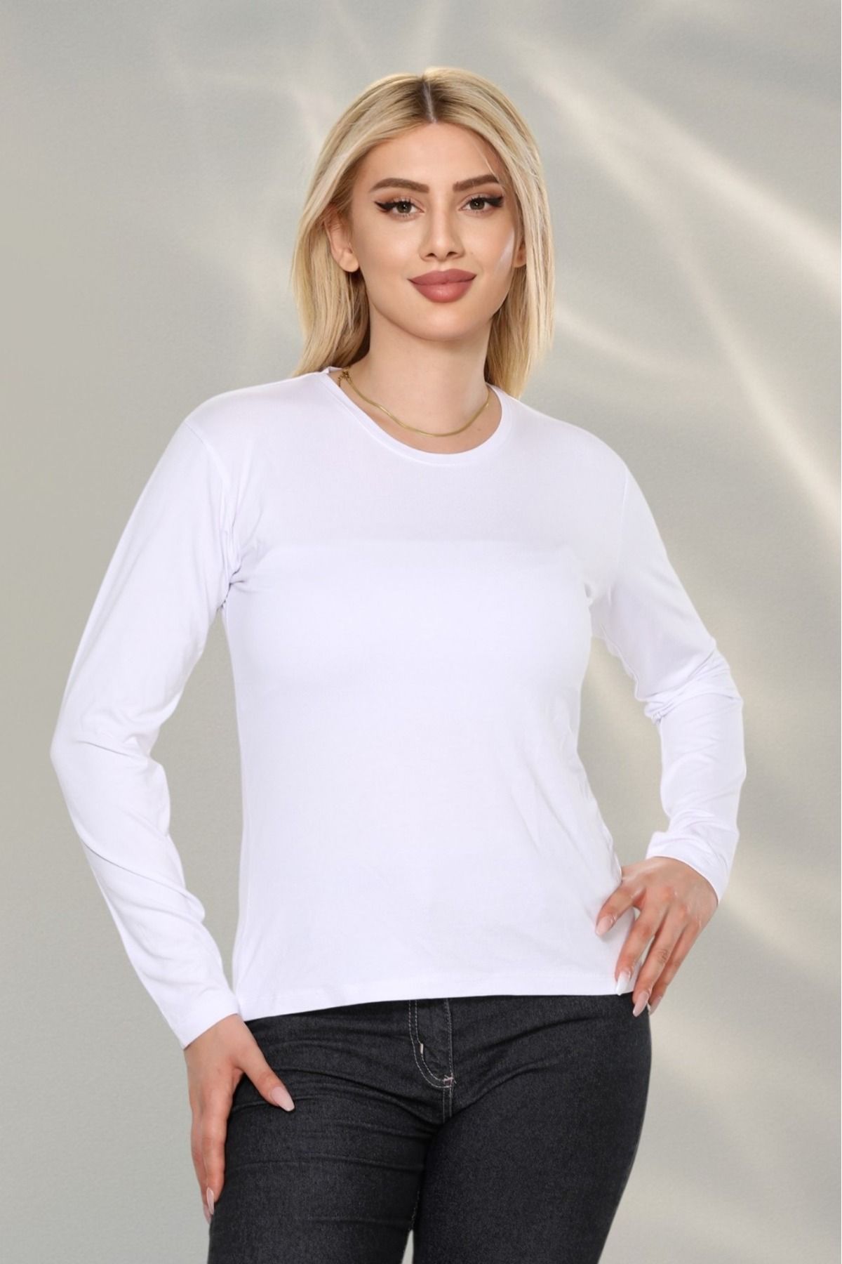 MODA Kadın Beyaz Viskon Body Uzun Kol T-Shirt