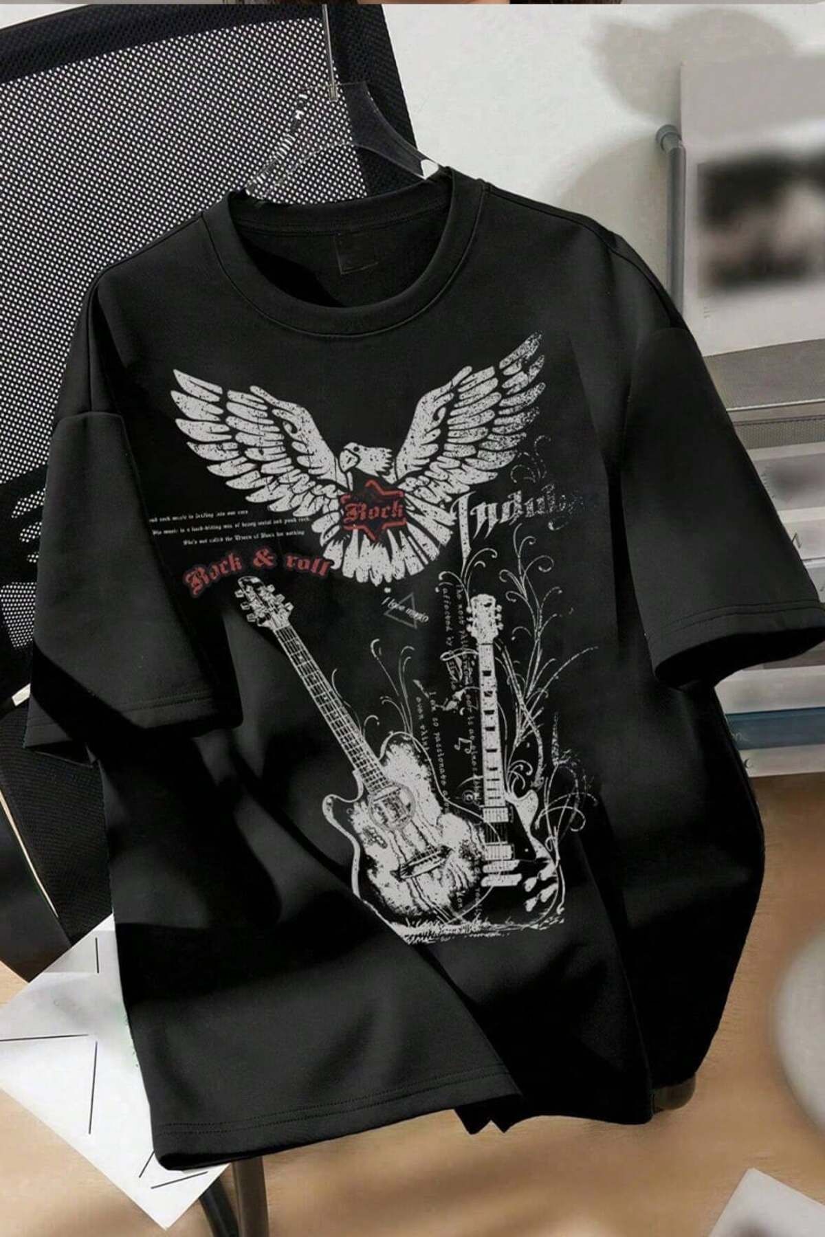 BALİNA Siyah Rock&Roll Guitar Unisex T-shirt -BLN