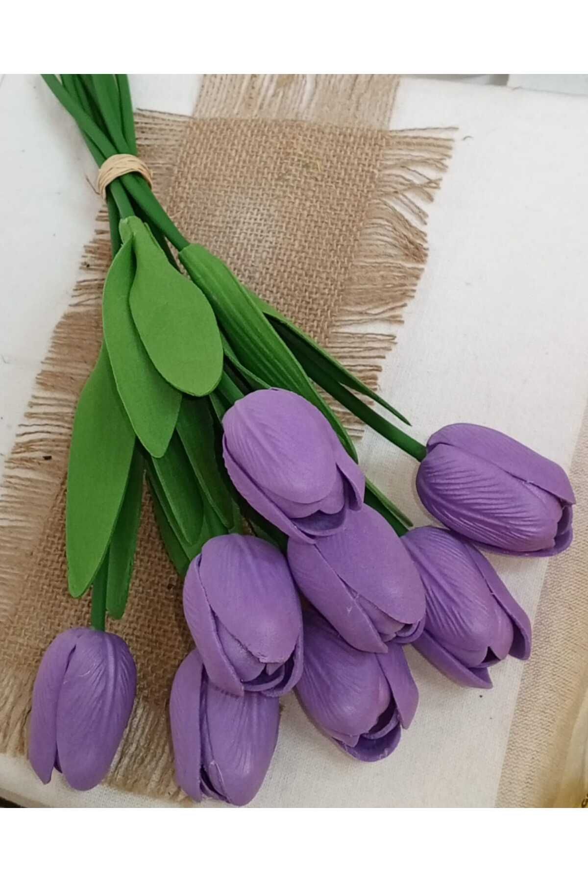 Dekora Çiçek Yapay 8'li Islak Lale Buketi Gerçeksi Doku Lila