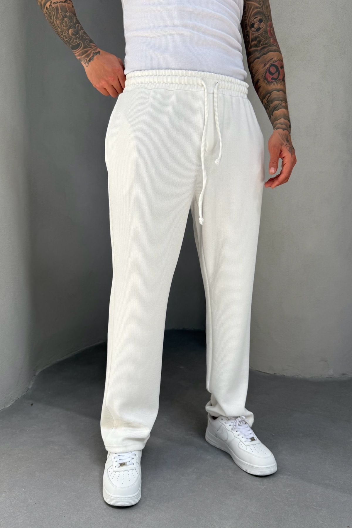 MADZEYMODA Full Likralı Süper Esnek Beyaz Erkek Baggy Kalıp Fitilli Jogger KE-5030