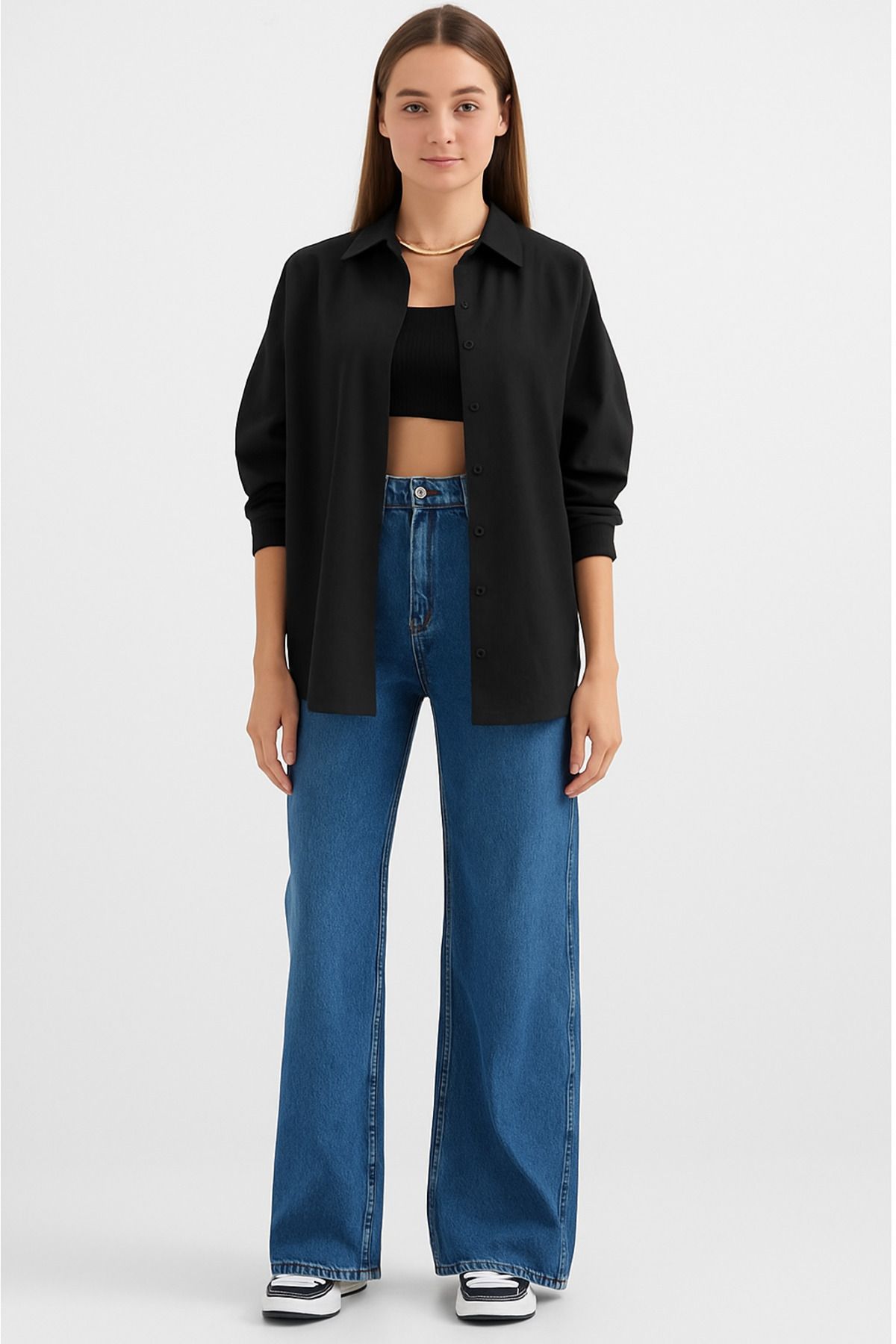 Yasmy Collection Kadın Siyah Geniş Kalıp Uzun Basic Gömlek YS25-BG390102