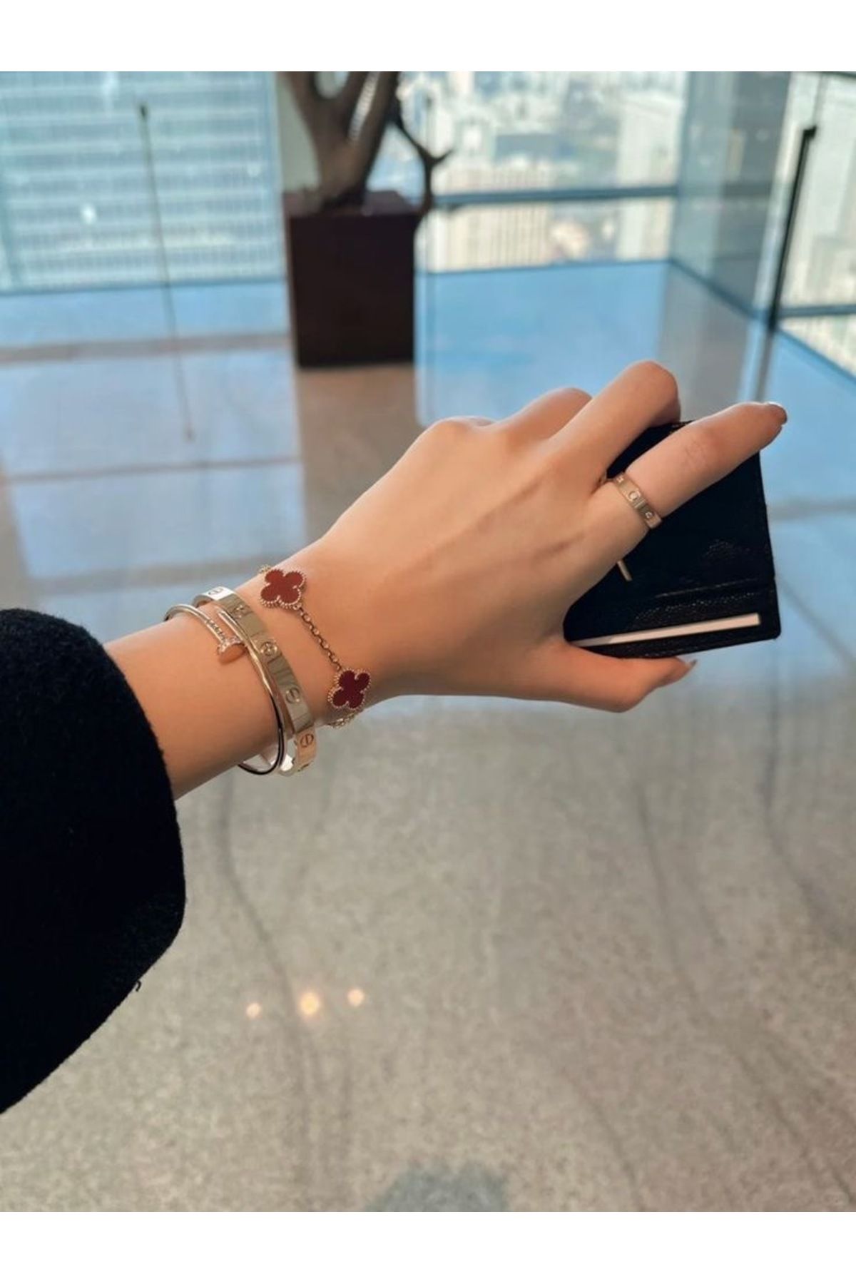 ANGELSS JEWELLERY Bordo Yonca Model Üçlü Kombin Van Cleeff Çivi Kelepçe Set (3’lü Set Bordo Yonca Kelepçe Set)