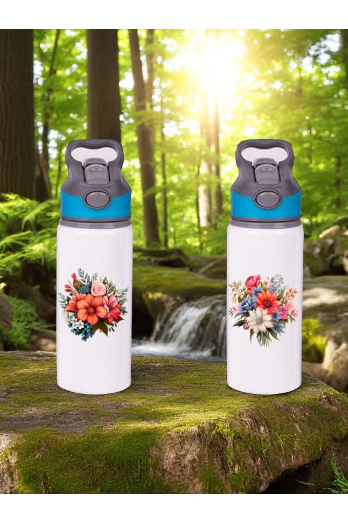 lili hediyelik Çiçek Baskılı 2'li Pipetli Matara Suluk 650 ml