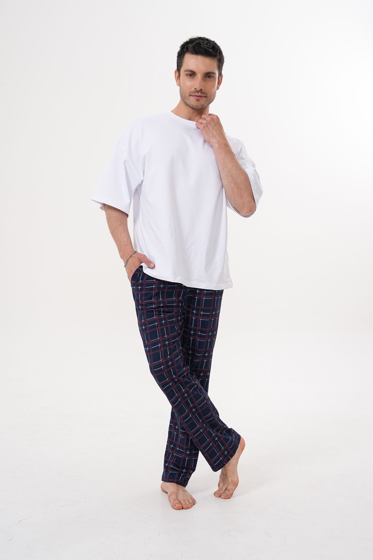 Arvin Unisex Pamuklu Cepli Ekose Baskılı Beli Lastikli Yazlık Pijama Altı Lacivert - Bordo 1