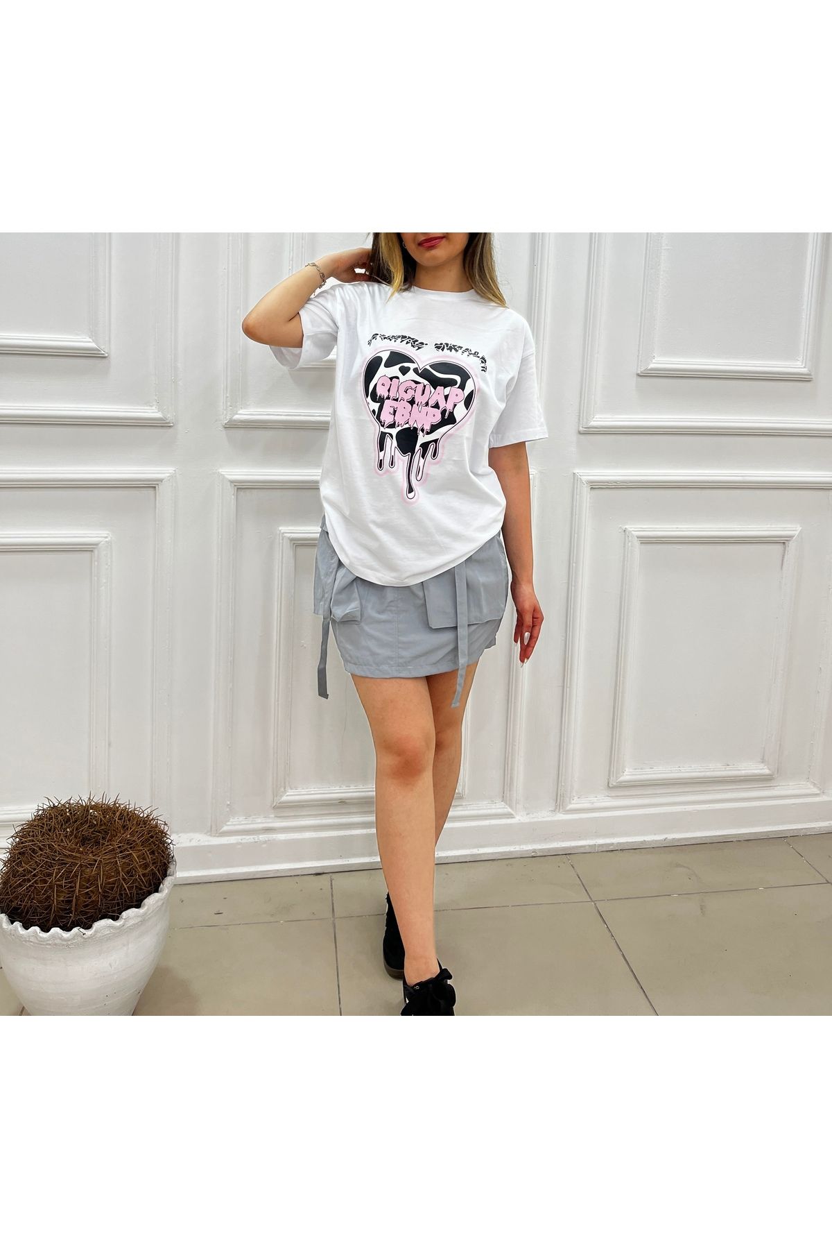 SheMy Oversize Ön Baskılı Kadın T-Shirt – Pamuklu Rahat Kalıp